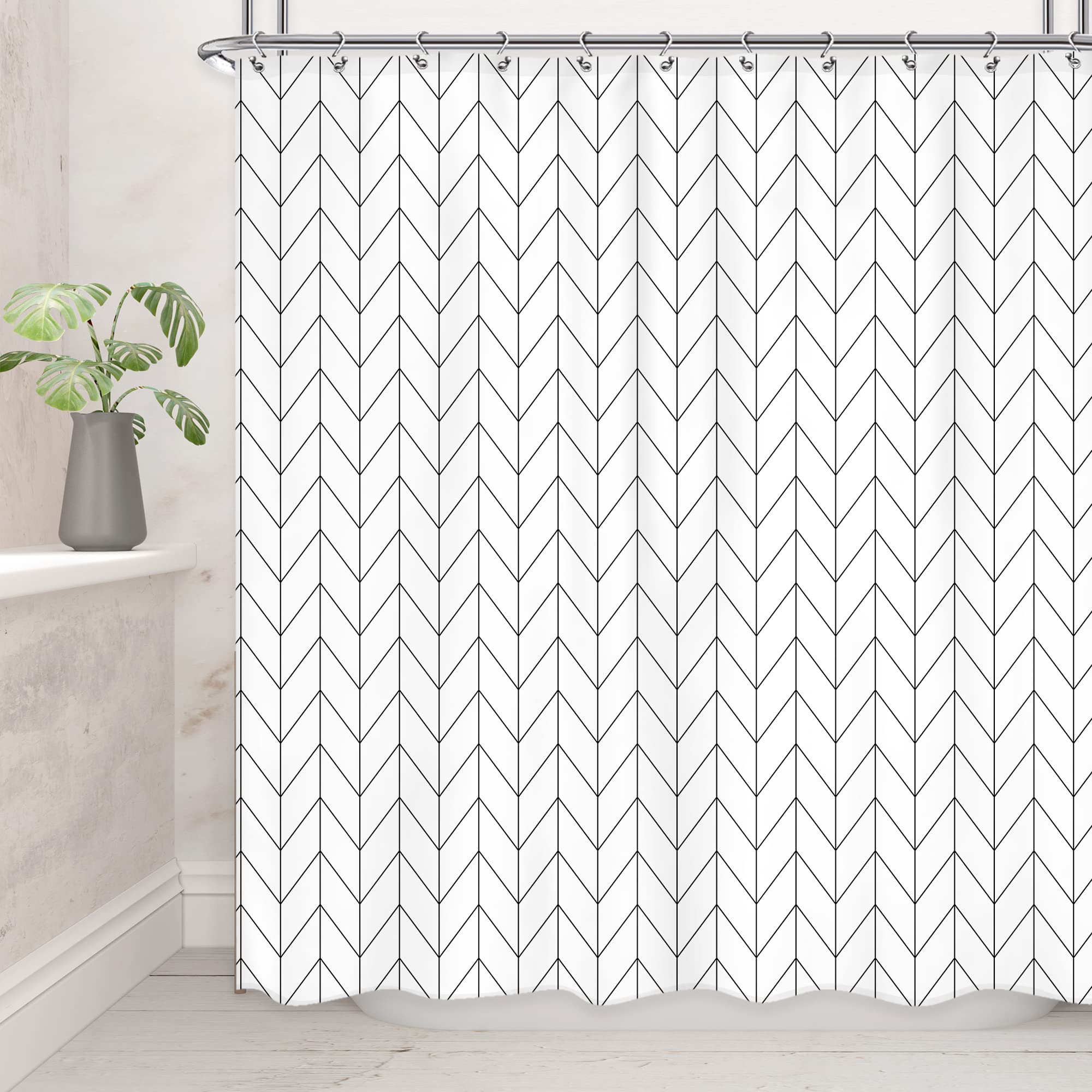 Riyidecor Stall Herringbone Chevron Shower Curtain Black White 72X72 Inch Geometric Striped Simple Modern Classy Neutral Contemp