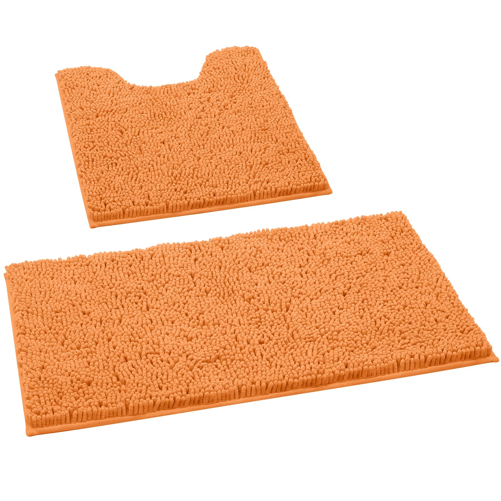 Homeideas 2 Pieces Bathroom Rugs, Ultra Soft Non Slip Absorbent Chenille Toilet Bath Mat Set (Orange)
