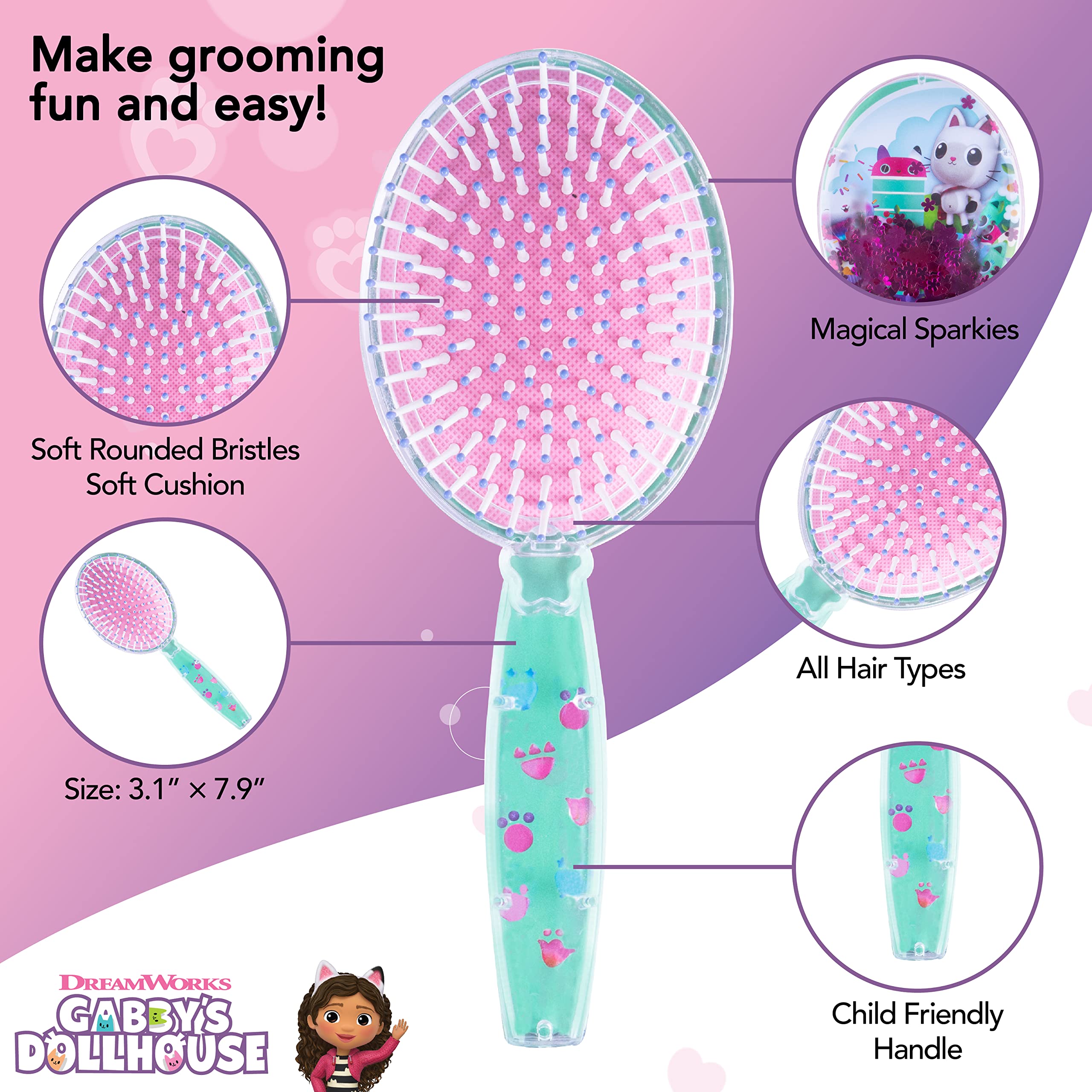 Gabbys Dollhouse Hair Brush With Magical Sparkling Stars Confetti Hair Brush - Kids Hair Brush Ages 3