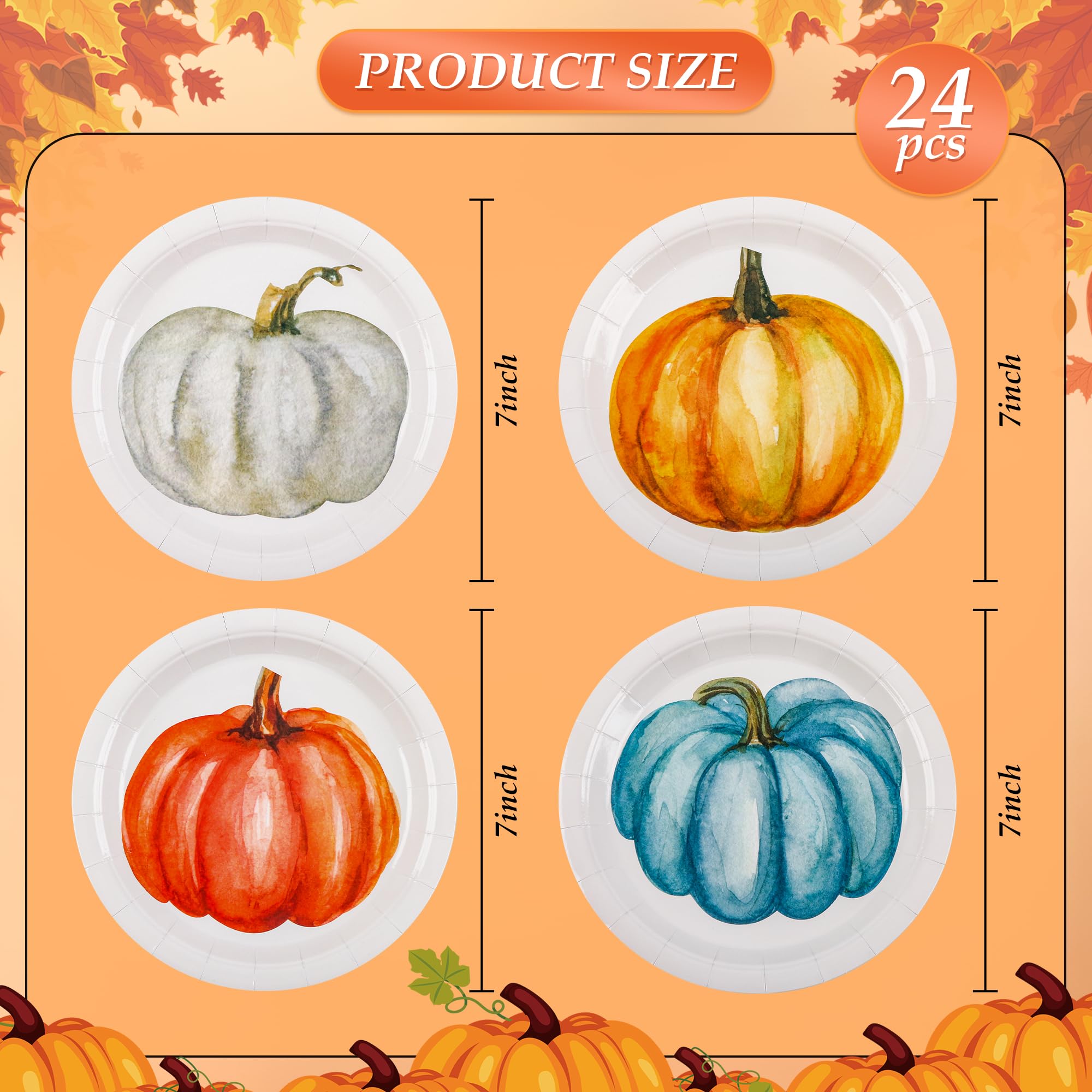 Elyxio 24Pcs Pumpkin Paper Plates Orange Blue Pumpkins Party Plates Fall Disposable 7 Dessert Plate for Autumn Thanksgiving Harv
