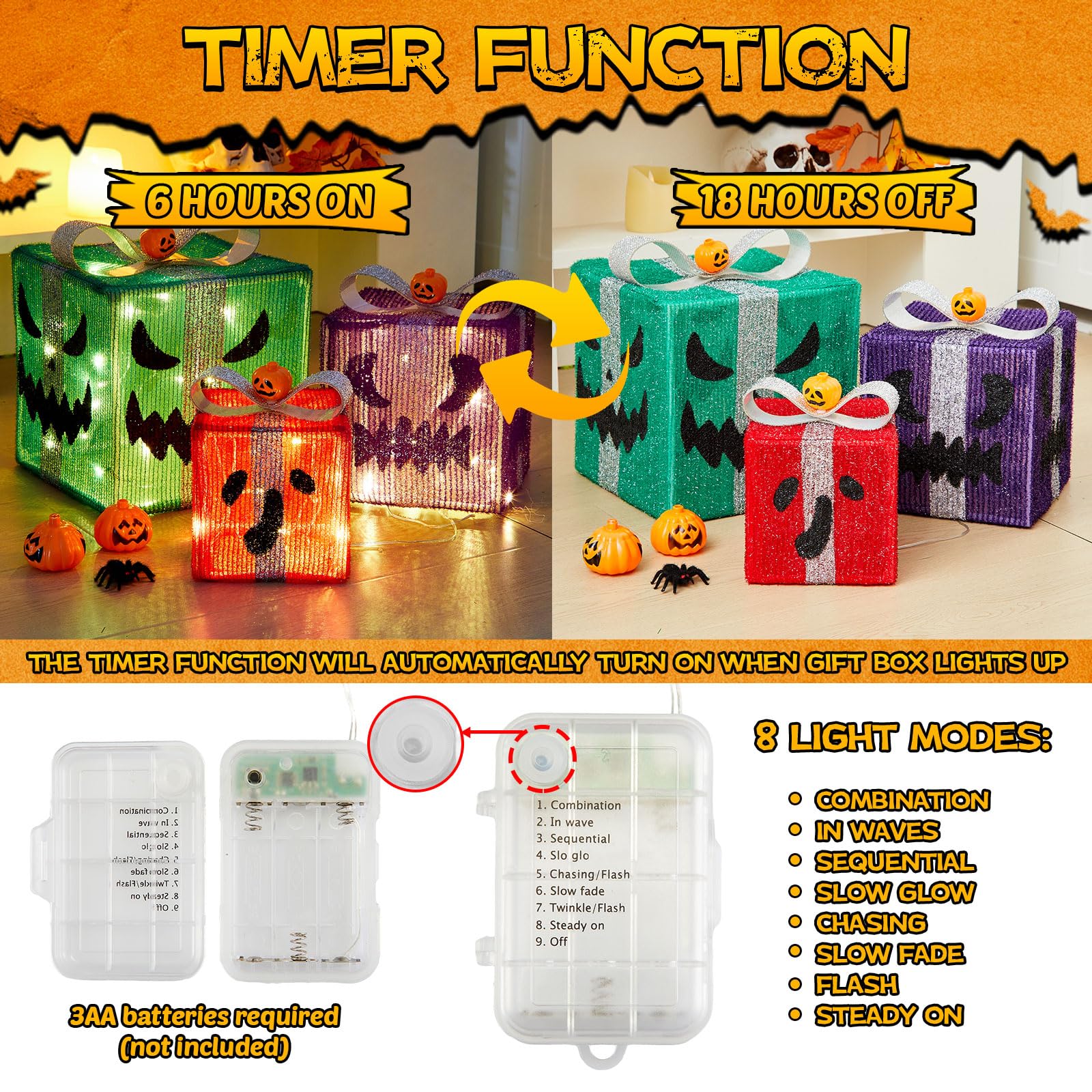 Otoolling 3 Pack Lighted Halloween Pumpkin Gift Boxes with 8 Modes Lighted Battery Operated Jack O Lantern Presents Boxes Hallow