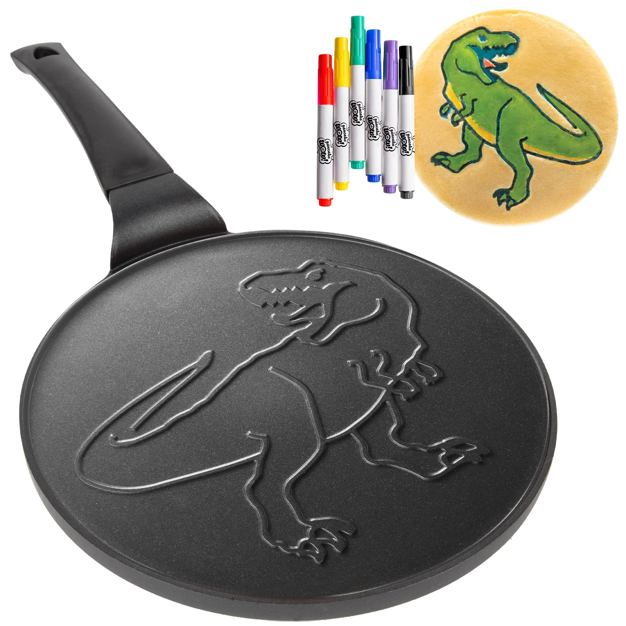 Jumbo Dinosaur Pancake Pan - Make Giant 10'' Jurassic Pancakes for Magical Kid's Dino Breakfast - Includes 6 Edible Markers For Added Family Fun - Non Stick Griddle  Cool Holiday Gift