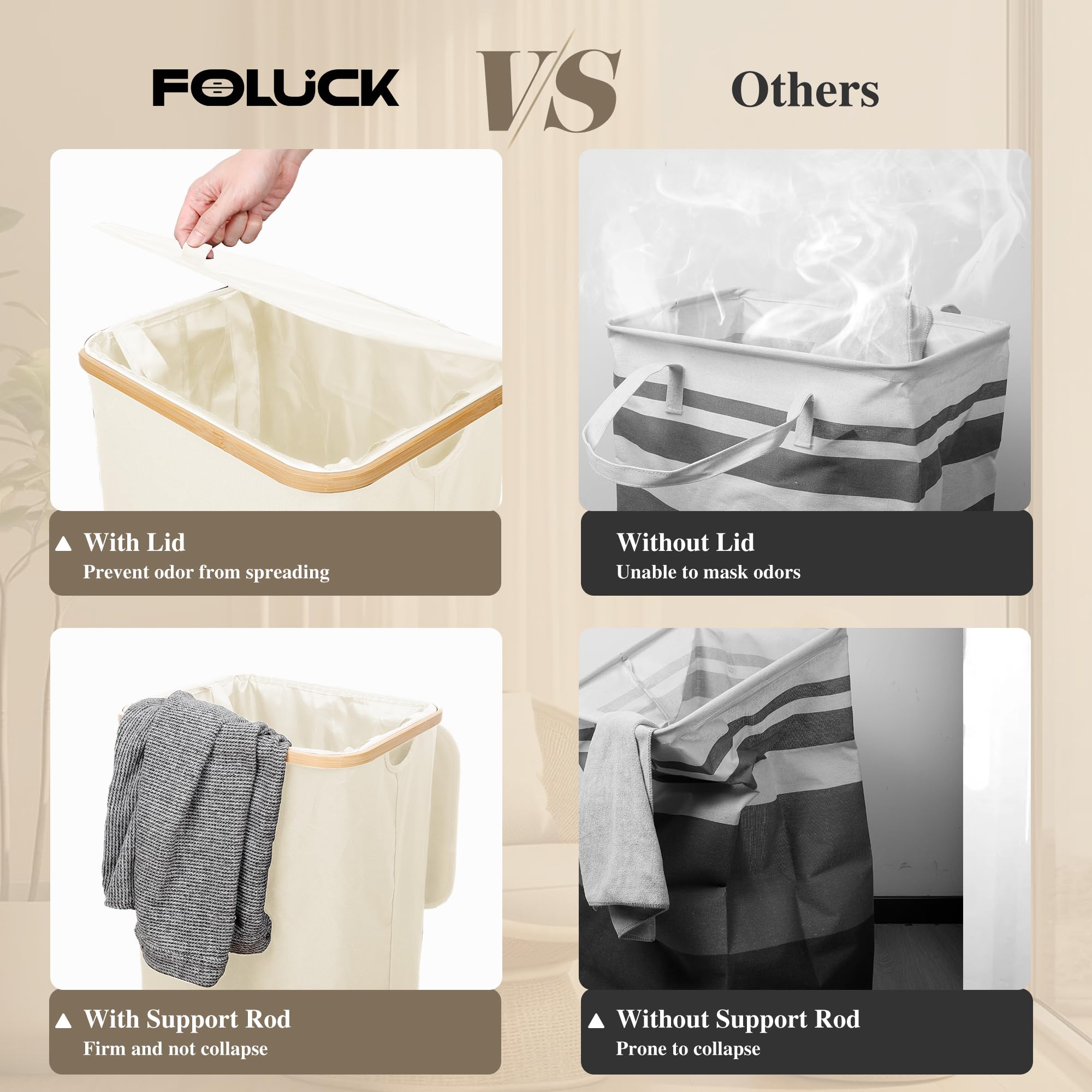 Foluck Large Laundry Hamper, 75L Waterproof Laundry Basket With Lid And Removable Bag, Collapsible Tall Clothes Hamper With Bamb