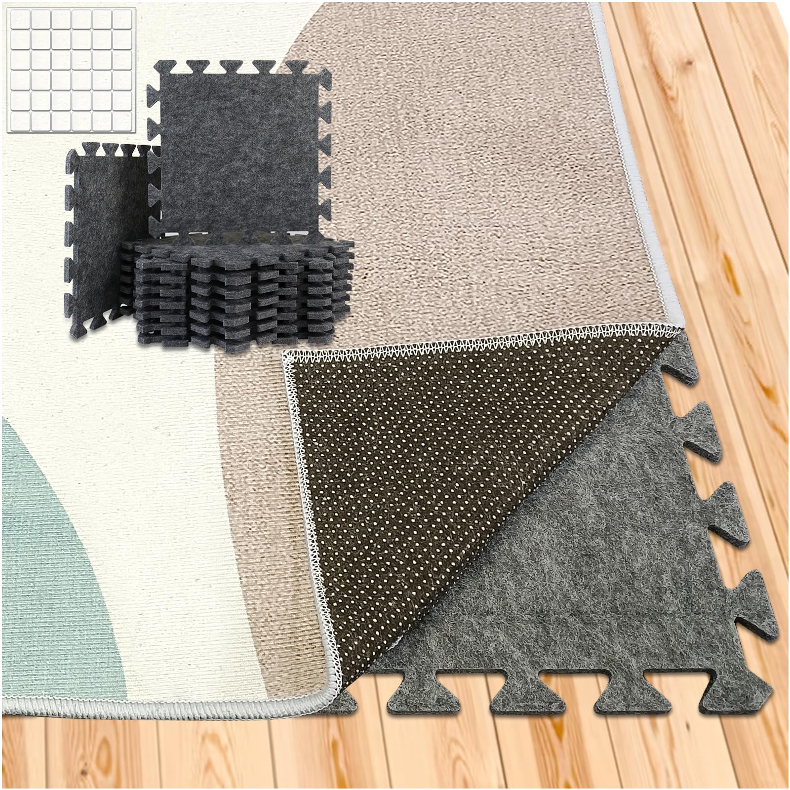 BXI Soundproof Interlocking Rug Pad 16 Pcs, 11x 11 x 0.4 inches Non Slip Rug Pads, High Density Noise Reduction Puzzle Felt Carp