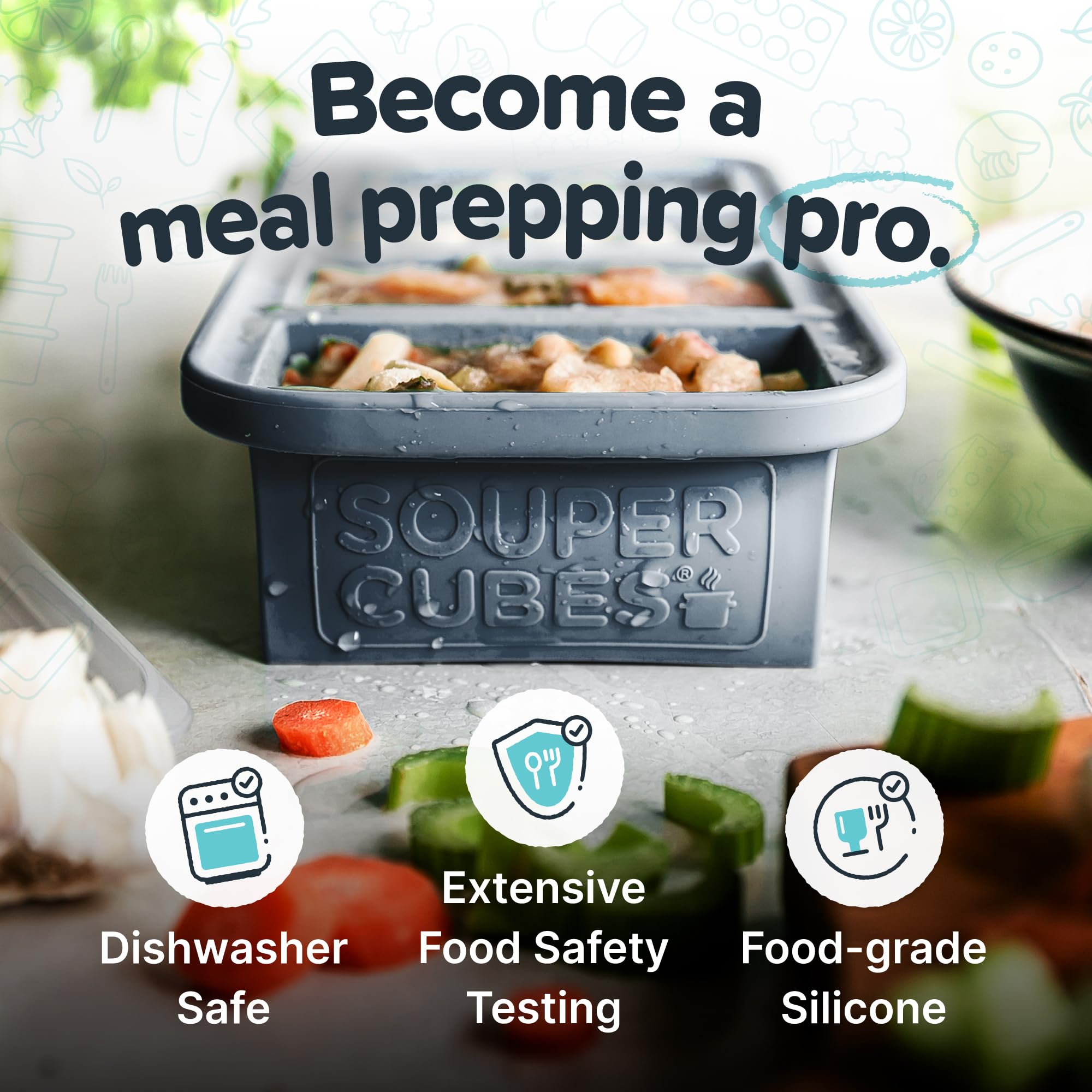 Souper Cubes 1 Cup Silicone Freezer Tray With Lid - Easy Meal Prep Container and Kitchen Storage Solution - Silicone Molds for Soup and Food Storage - Charcoal - 2-Pack