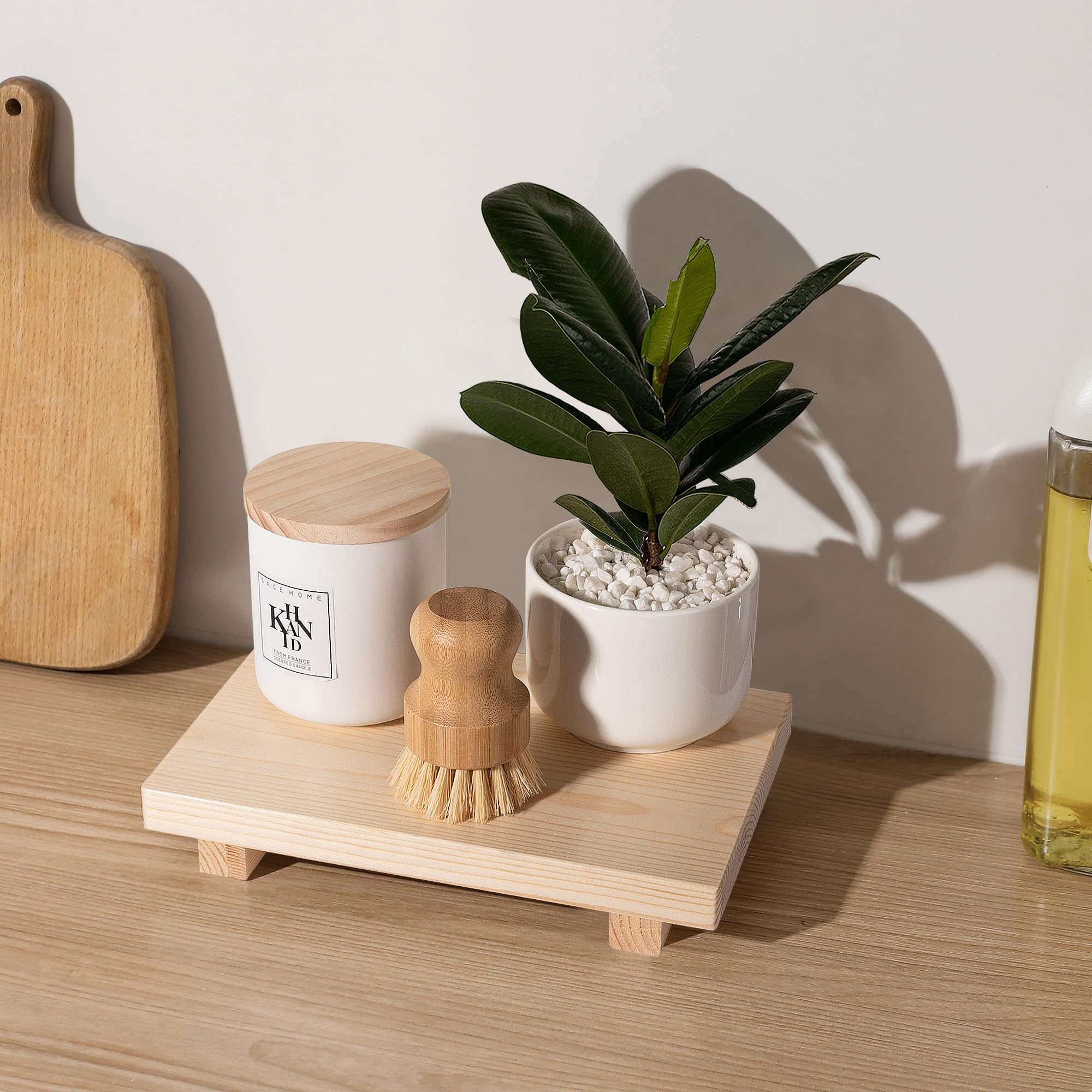 Bathroom Counter Organizer Wood Pedestal Stand Farmhouse Decorative Tray Soap Holder For Kitchen Decor, 9'' X 6'' - Burlywood