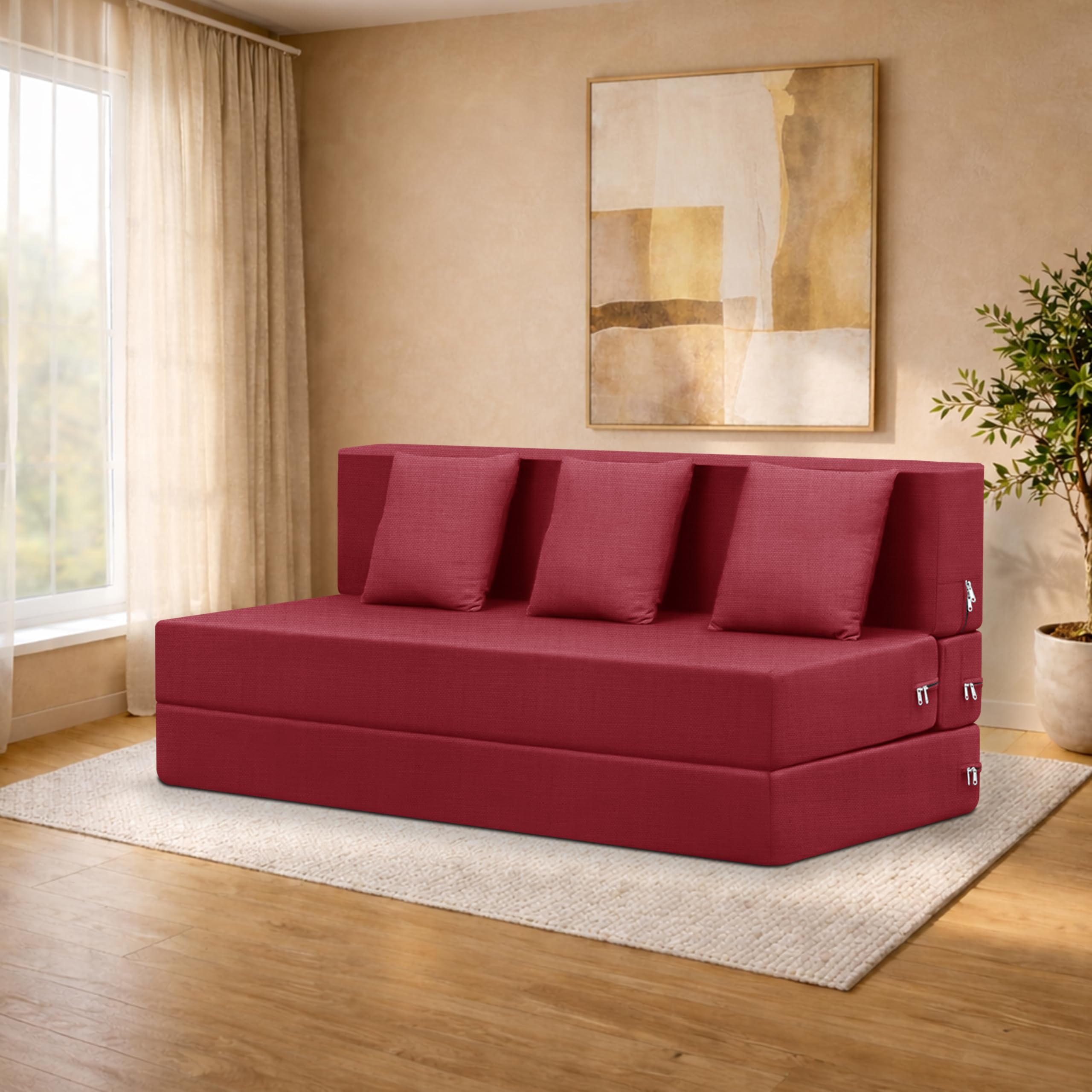 Deco Studio ThreeSeater Sofa Cum Bed Foldable Sofa Cum Bed Washable & Zipper |Jute Finish Fabric  Red | 5 X 6 Feet