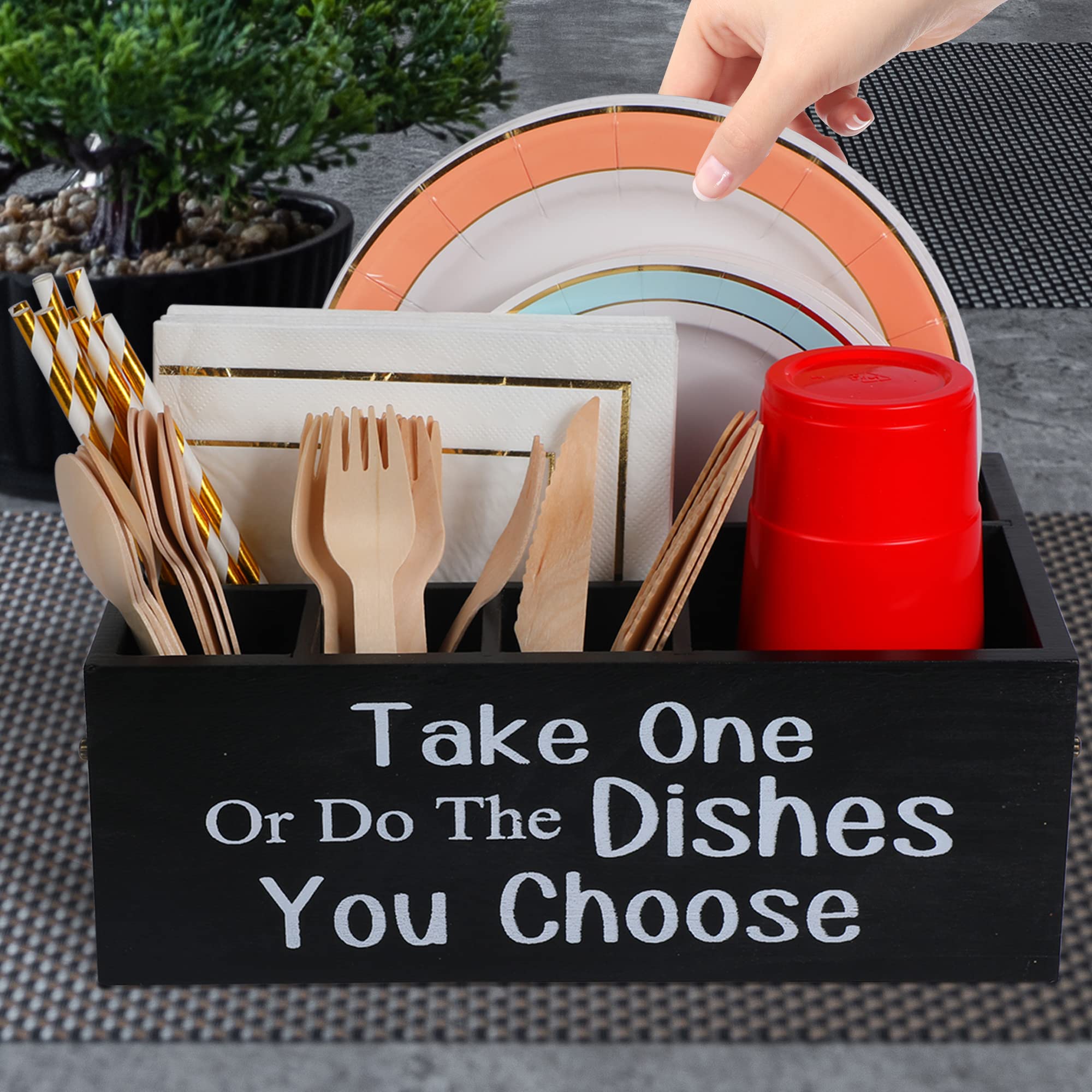Small Paper Plate Holder Utensil Caddy Organizer for Countertop  Kitchen Silverware Caddy Holder for Cups  Forks  Spoons  Plates  Napkins  Wood Utensil Holder Paper Plate Dispenser for Party Picnic