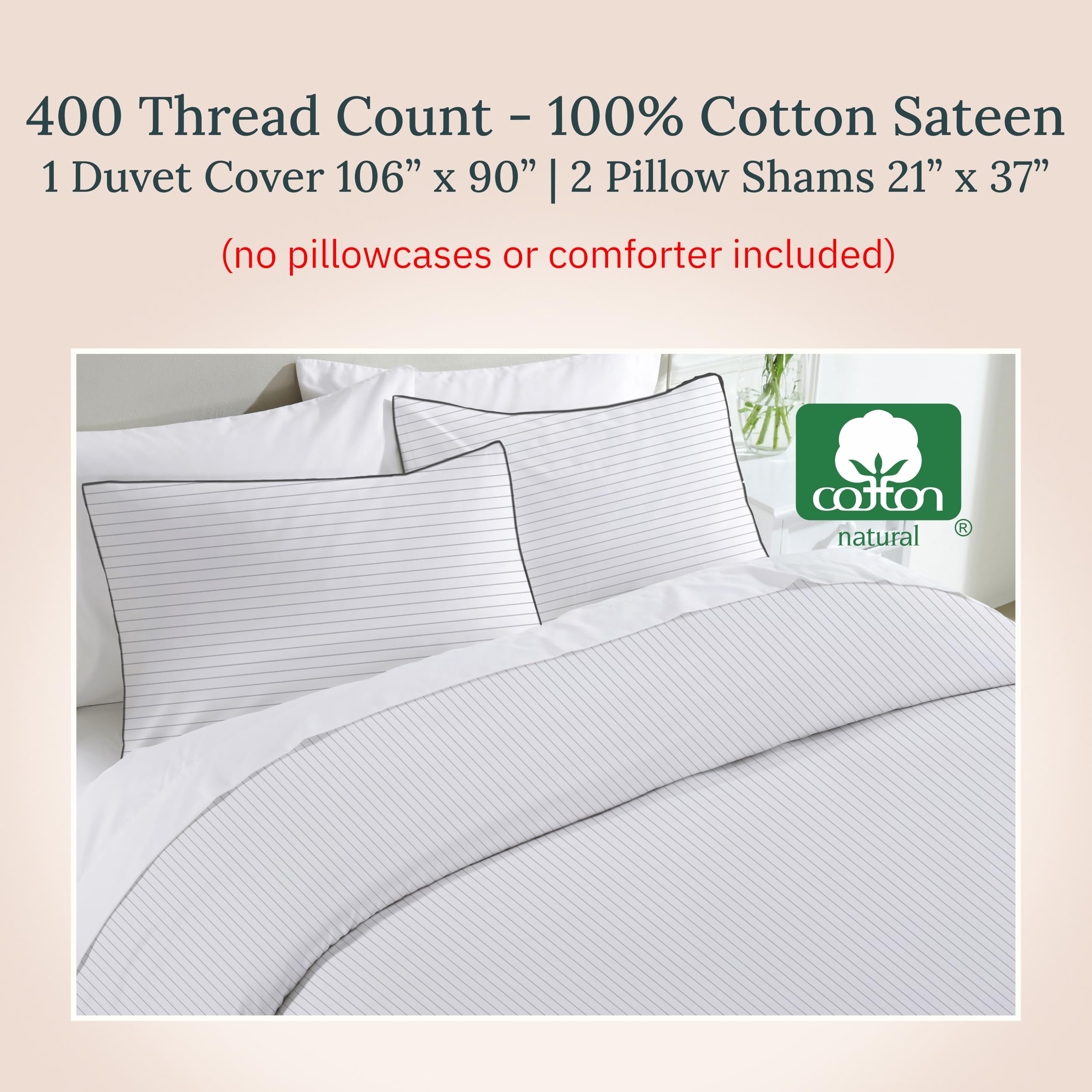 California Design Den 100 Cotton Striped Duvet Cover Set - Luxurious 400 Thread Count, Printed Bedding Set, Silky Sateen Weave,