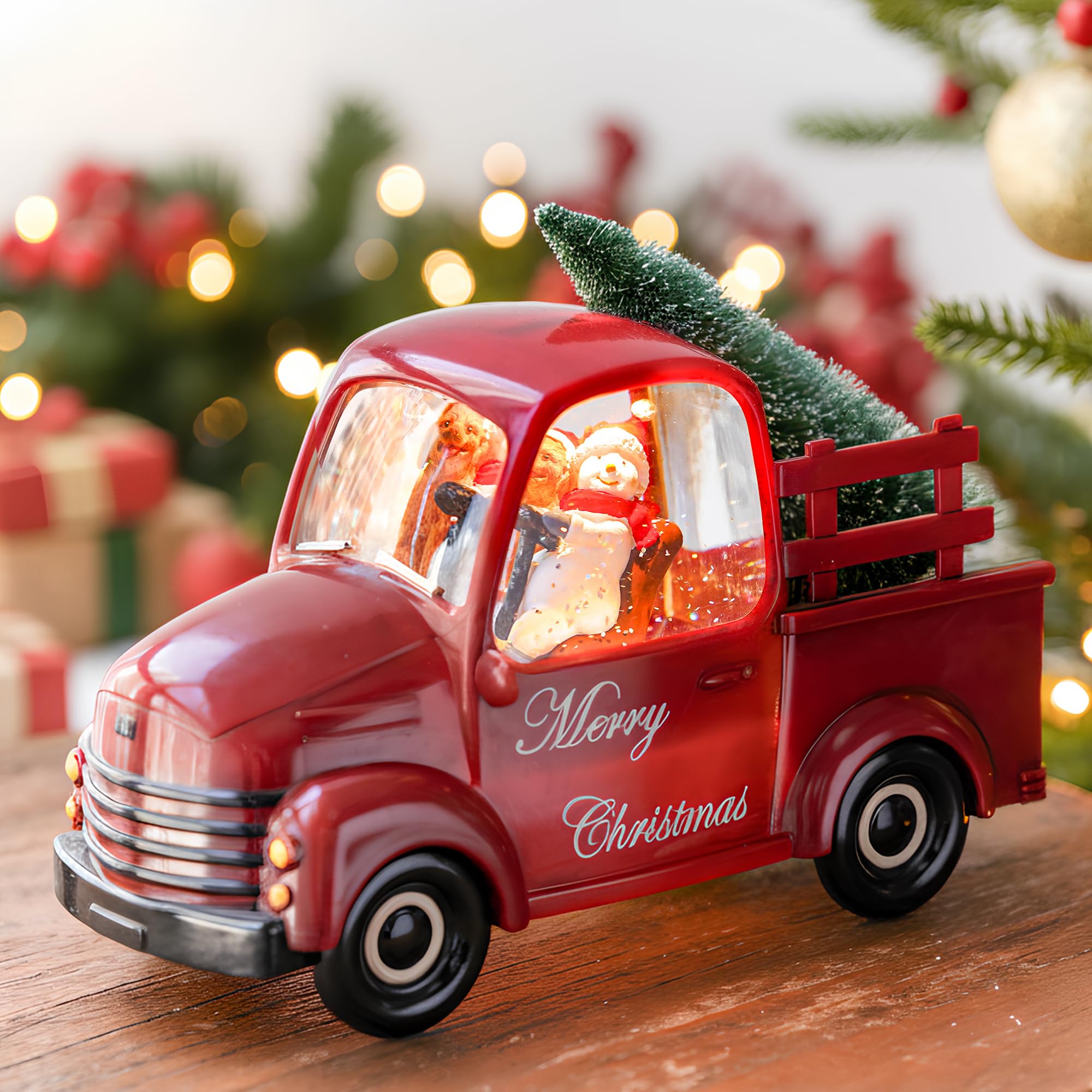 Qualdout Christmas Snow Water Lantern Glittering Snowman and Pup in Red Truck with Christmas Tree, USB Lined/Battery Operated Li