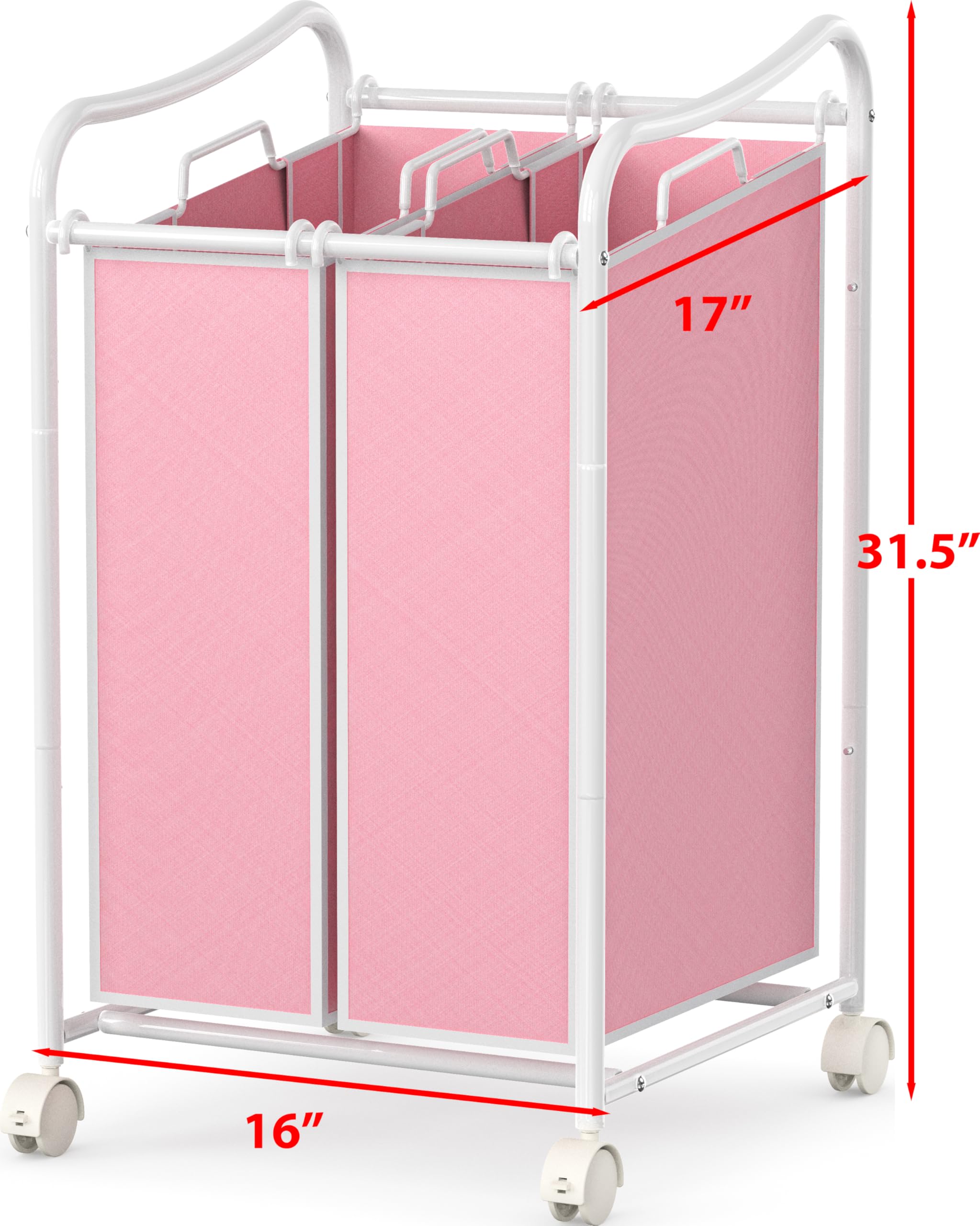 Simple Houseware 2-Bag Heavy Duty Rolling Laundry Sorter Cart, Whitepink