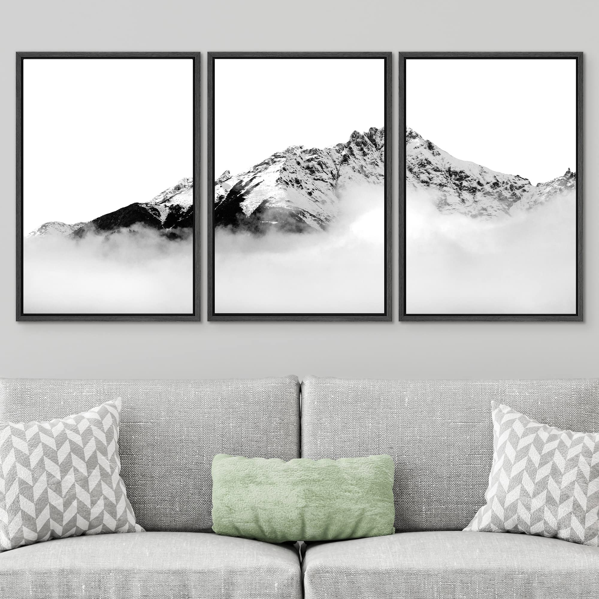 Signwin Framed Canvas Print Wall Art Set Black & White Misty Winter Mountain Snow Collage Nature Wilderness Photography Modern A