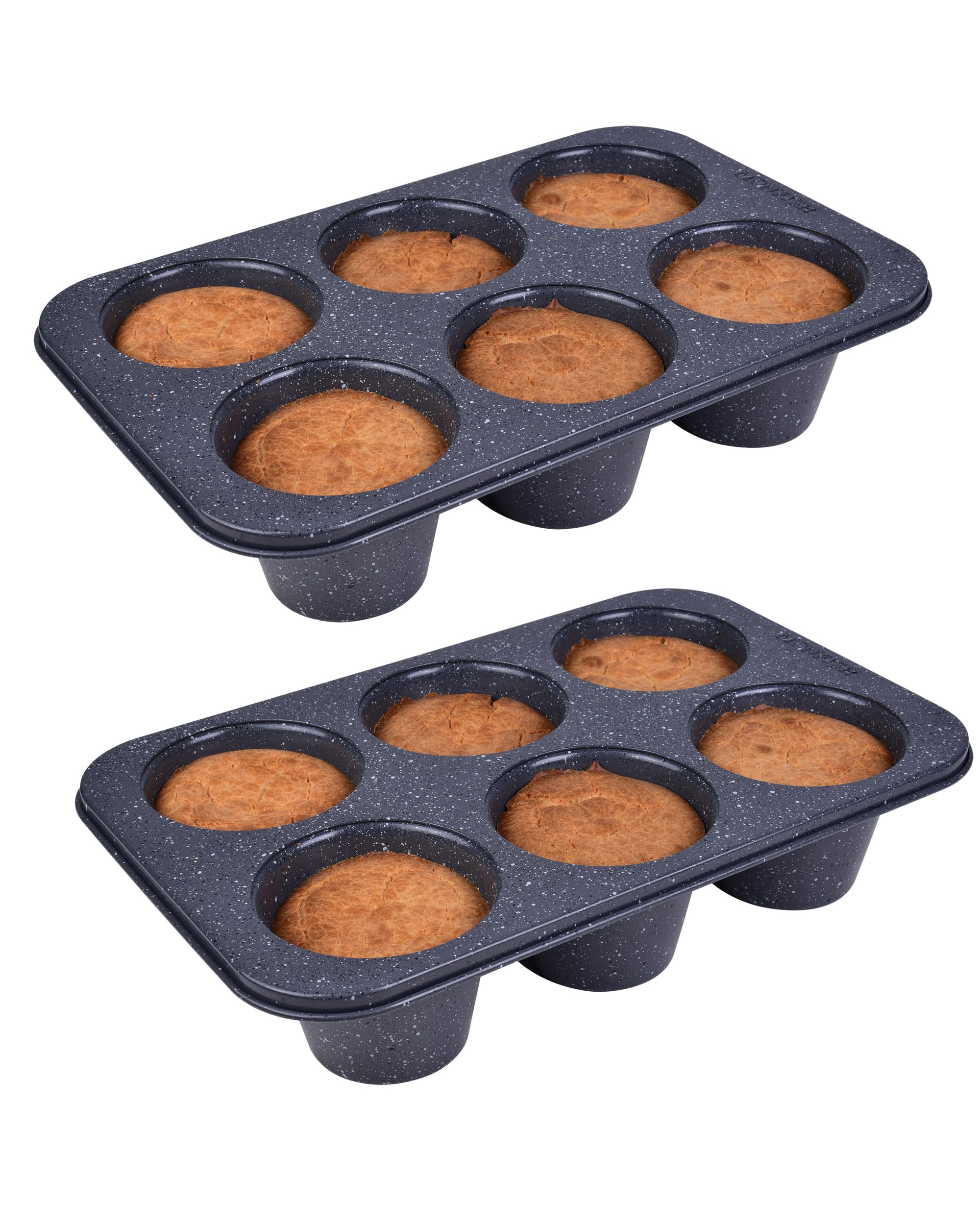 Monfish 2pcs Jumbo Deep Muffin Pan - 6-Cavity Baking Tray, 3.5x3 Inch Cups - Carbon Steel - Black Granite Stone Finish - Extra L