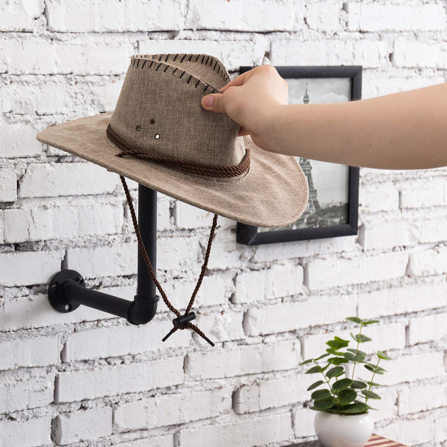 MyGift Set of 3 Wall Mounted Hat Rack Holder with Realistic Black Metal Pipe and Brown Wood, Hanging Entryway Hat Hooks and Wig