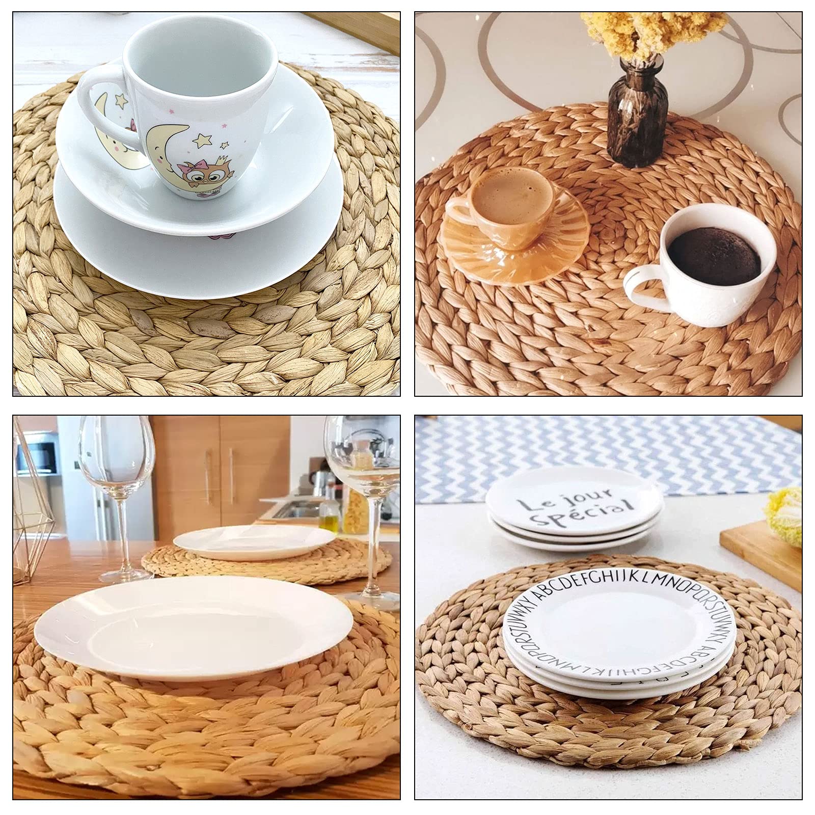 Japchet Round Woven Placemats Set Of 8,12 Inch Water Hyacinth Braided Placemats, Round Placemats Woven Heat-Resistant Rattan Pla