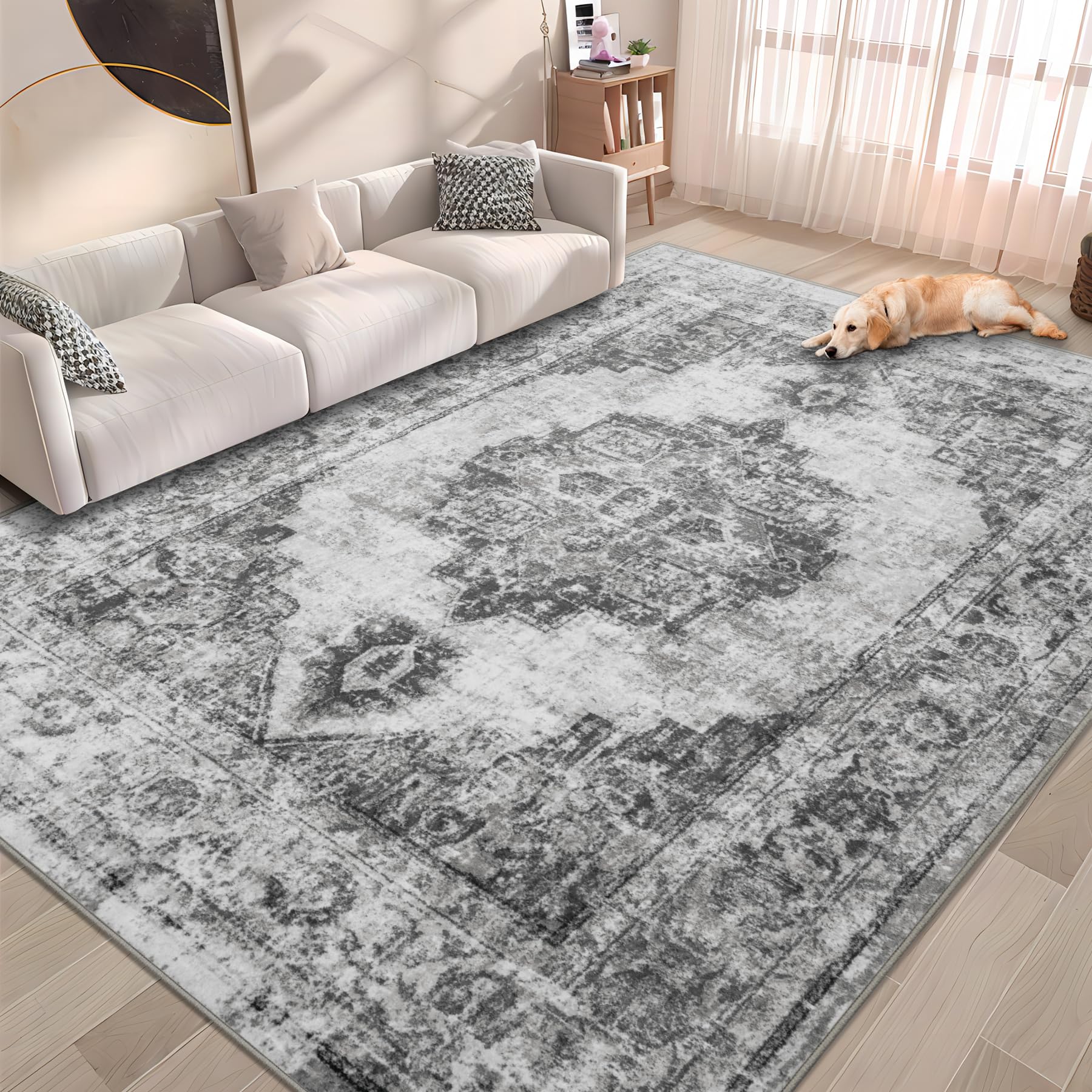 Area Rug 6x9 Vintage Rug: Washable Indoor Medallion Rug Low Pile Distressed Floor Carpet Retro Accent Rug for Living Room Bedroo
