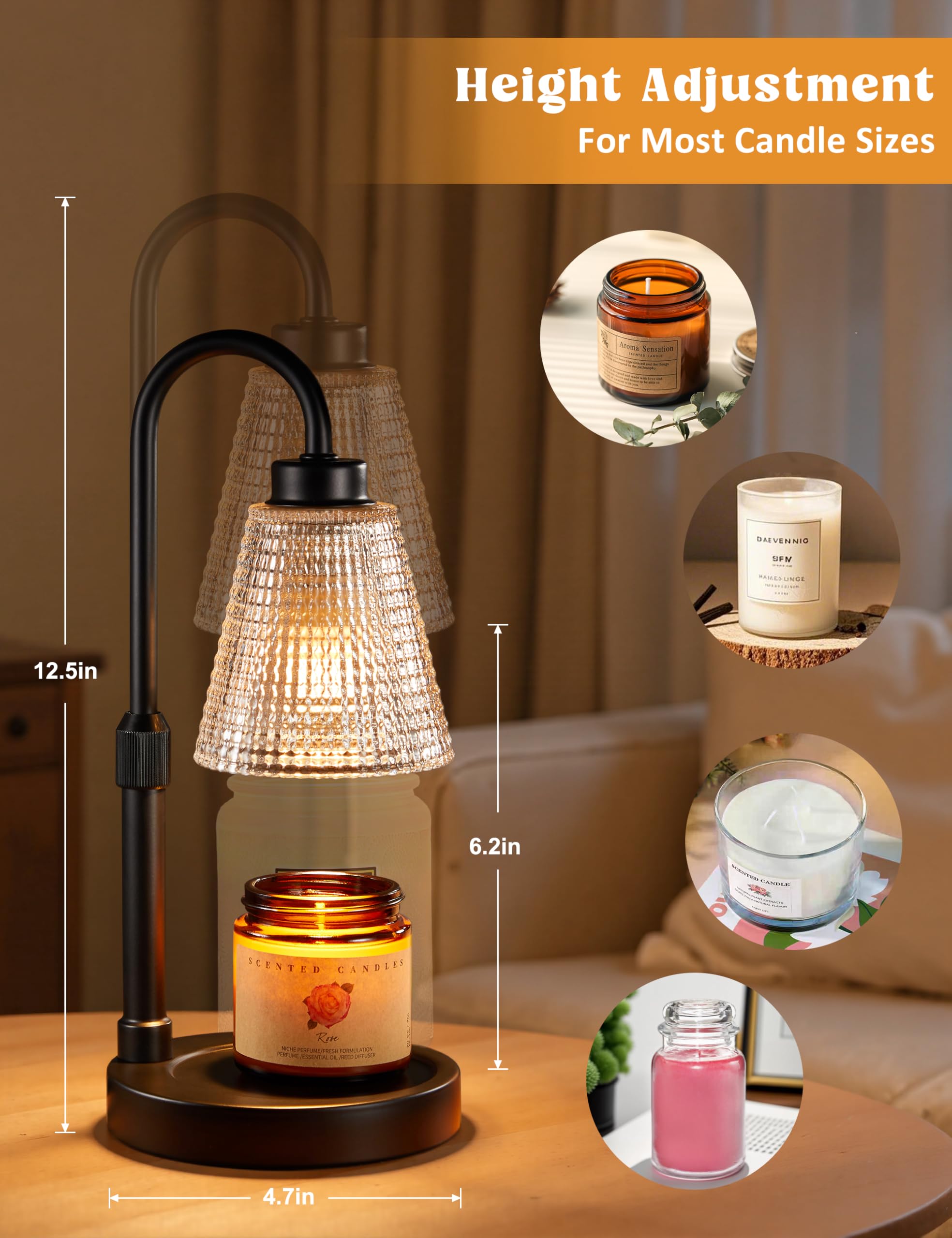 Innqoo Candle Warmer Lamp with Timer, Dimmable, Adjustable Height, Metal, A-black, Regular Size (4.7 in), Model L9M12