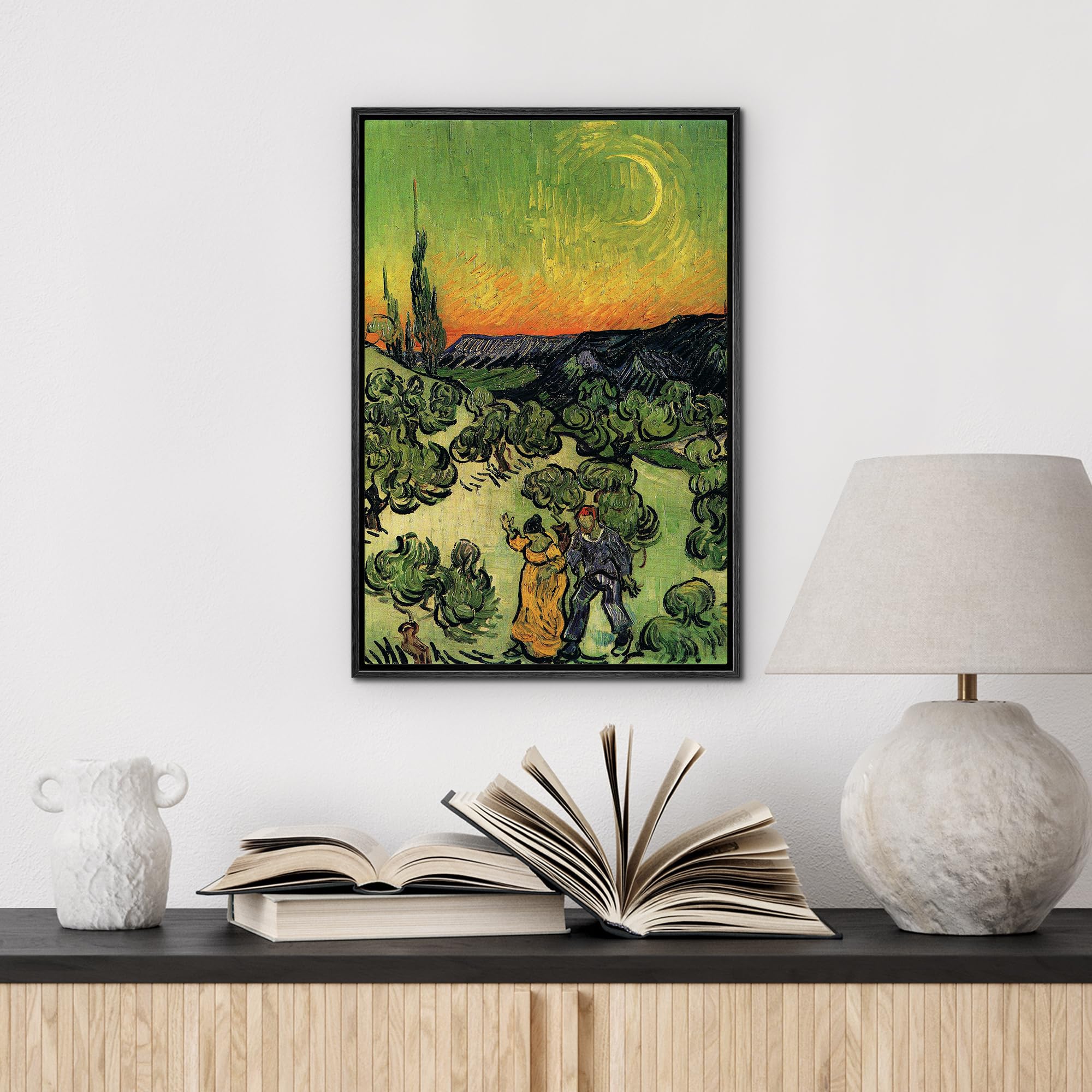 Wall26 Framed Canvas Print Wall Art Road With Cypress & Star By Master Artist Vincent Van Gogh Nature Wilderness Illustrations F