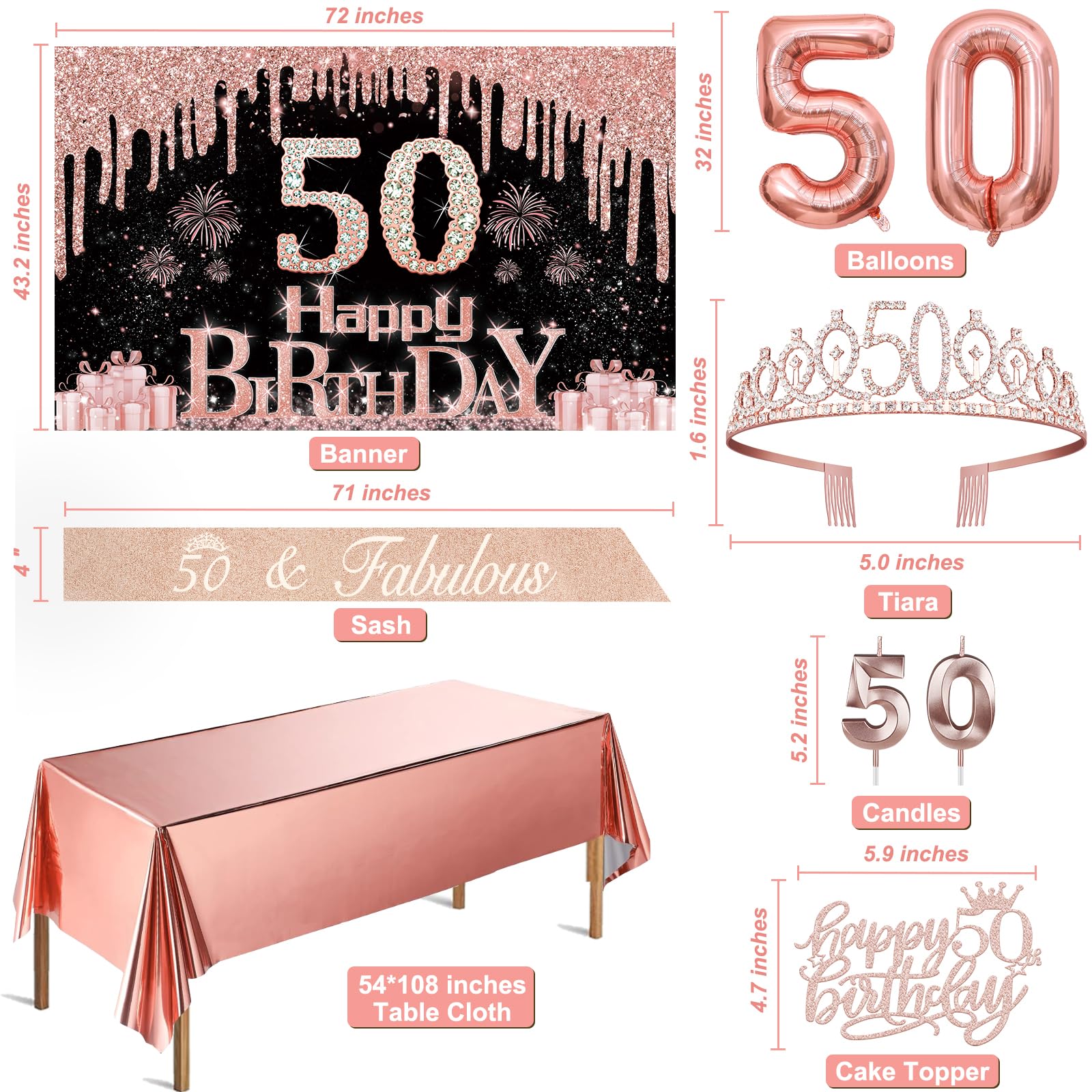 50Th Birthday Decorations For Her With Banner, Rose Gold Tablecloth, Number Balloons, 50Th Birthday Sash And Tiara, Candles And