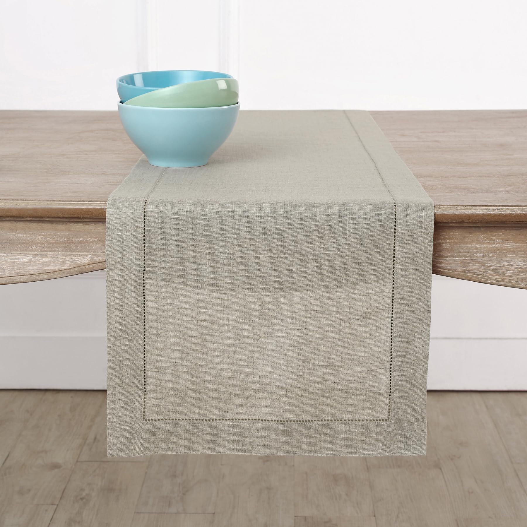 Solino Home Natural Linen Table Runner 120 Inches Long - 100% Pure Linen Classic Hemstitch Table Runner 14 X 120 Inch - Machine