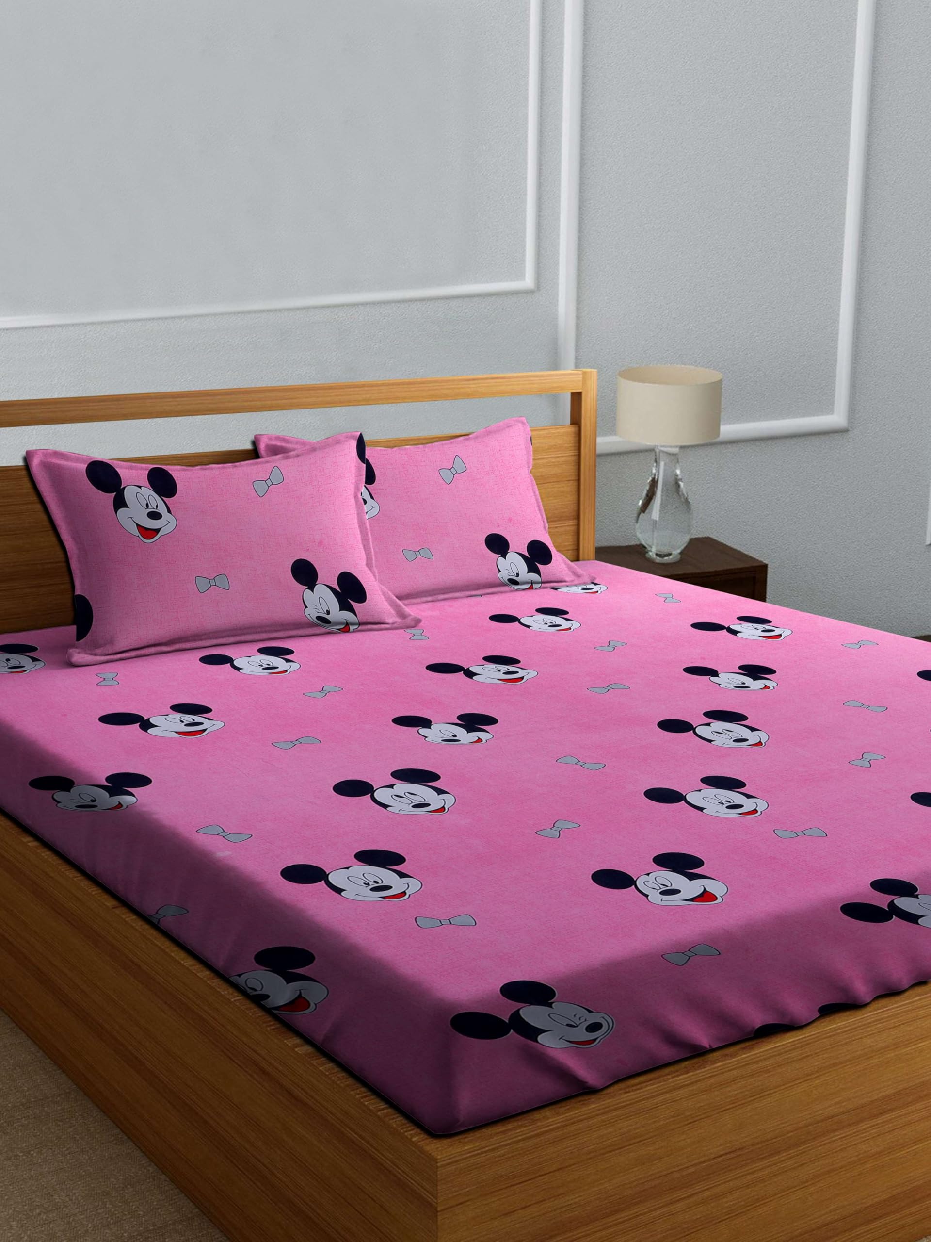Decorum Double Bedsheet for Kids in Pink with Cartoon Mouse Print | 228 x 220 cm Cotton Blend Bed Sheet with 2 Pillow Covers | S