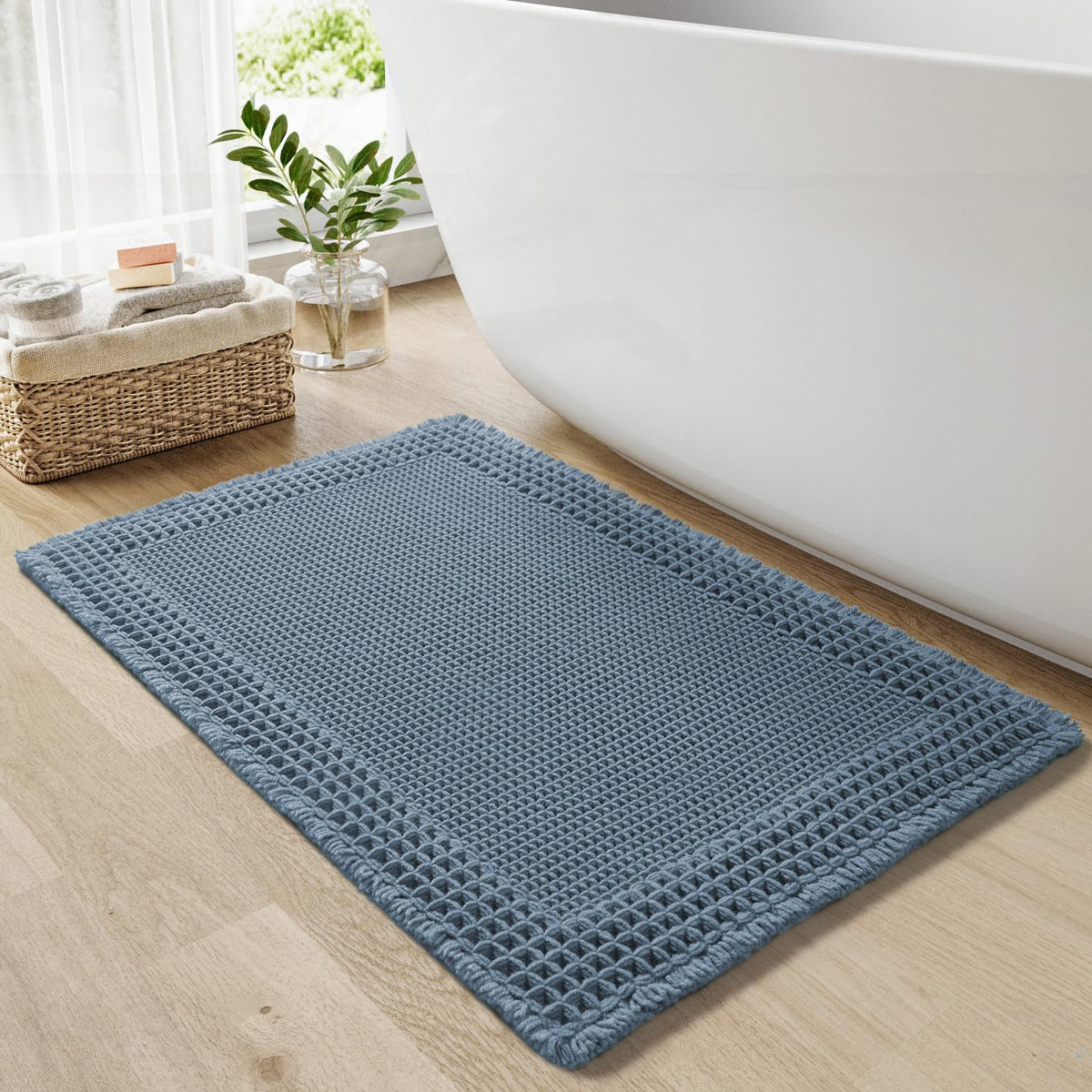Resare Waffle Bath Mat For Bathroom, Super Absorbent Bathroom Rugs Non Slip Machine Washable, Ultra Soft Boho Bath Rugs With Tas
