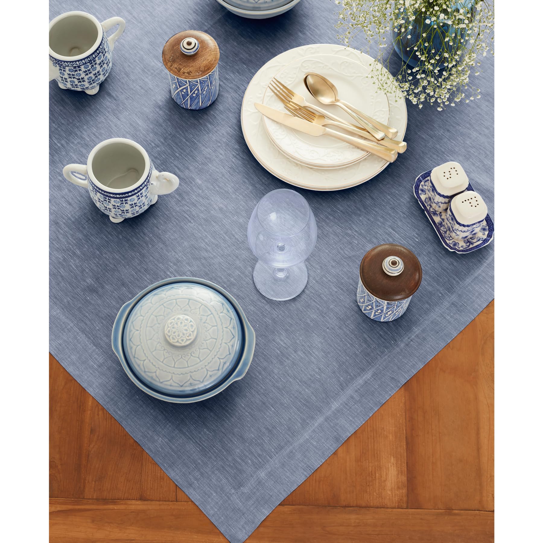 Solino Home Linen Tablecloth 52 X 52 Inch - Chambray Indigo 100% Pure Linen Table Throw For Spring, Easter - Handcrafted And Mac