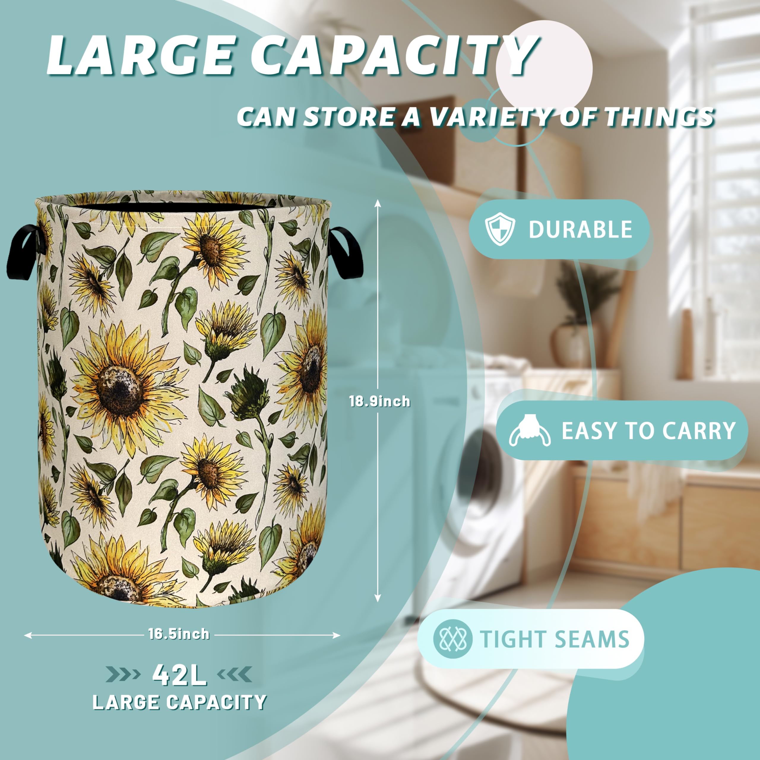 Retro Sunflower Laundry Hamper Yellow Flowers Laundry Basket With Handles Foldable Oxford Cloth Colorful Tote Bag Clothes Toy St