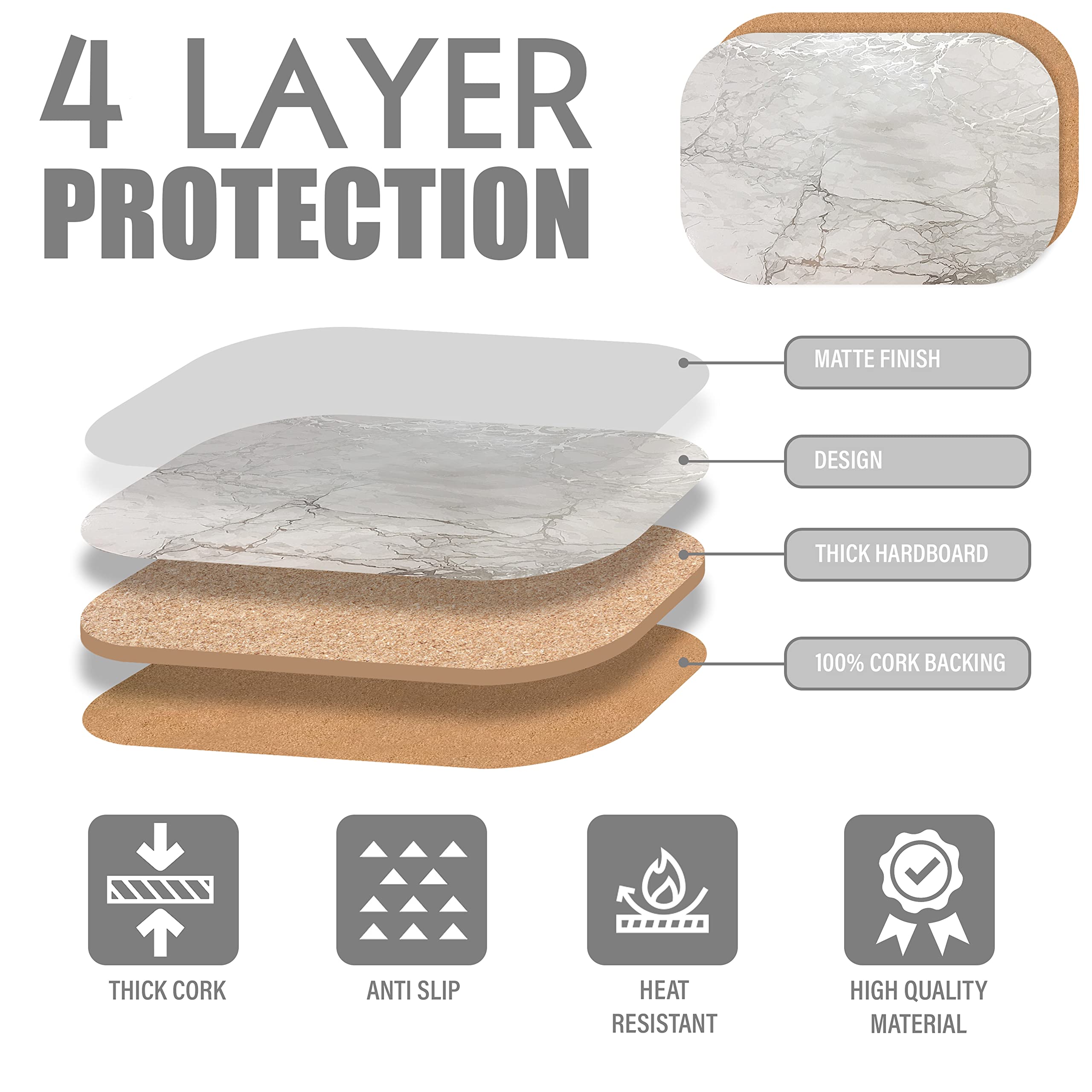 Dainty Home Silver Marble Oval Cork Placemats - Heat Resistant Placemats, Non-Slip, Easy Clean Placemats For Elegant Dining - 12