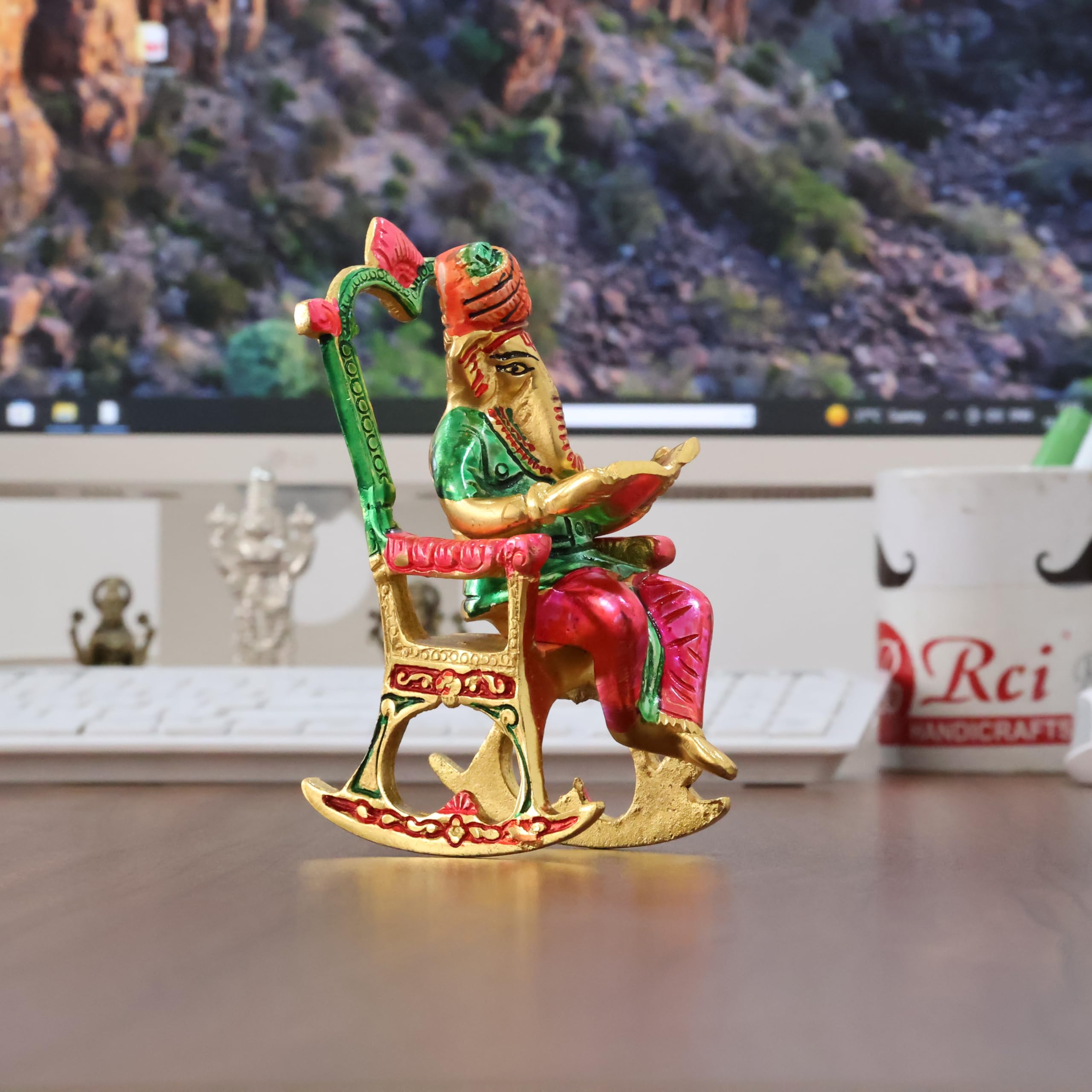 Kridaykraft Metal Chair Ganesh Ji Reading Book With Meenakari Work,Ganesha Metal Statue For Pooja & Home, Office Dcor, Car Dashb