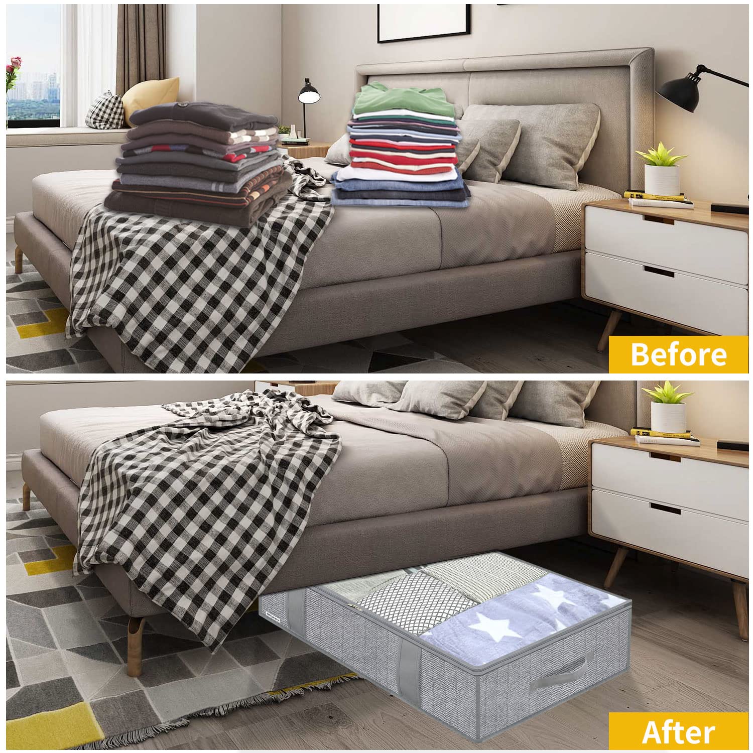 Onlyeasy Large Underbed Storage Bags Organizer Container (2 Pack) with 4 Handles and 2 Sturdy Zippers, Blankets Clothes Comforte