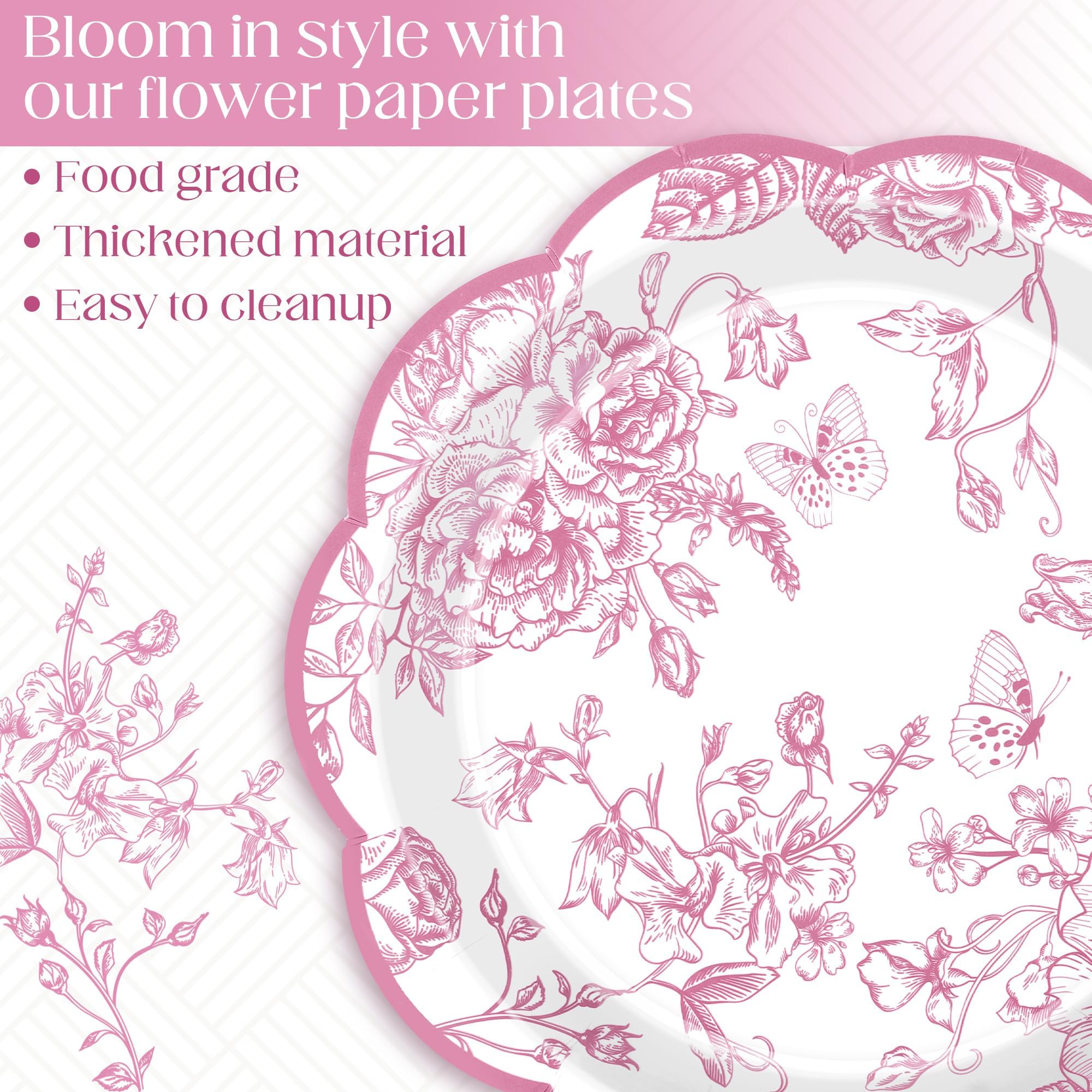 Kochorie 150 Pieces Pink Flower Paper Plates 7 Inches Disposable Floral Paper Plates Scalloped Pink Chinoiserie Vintage Flower D