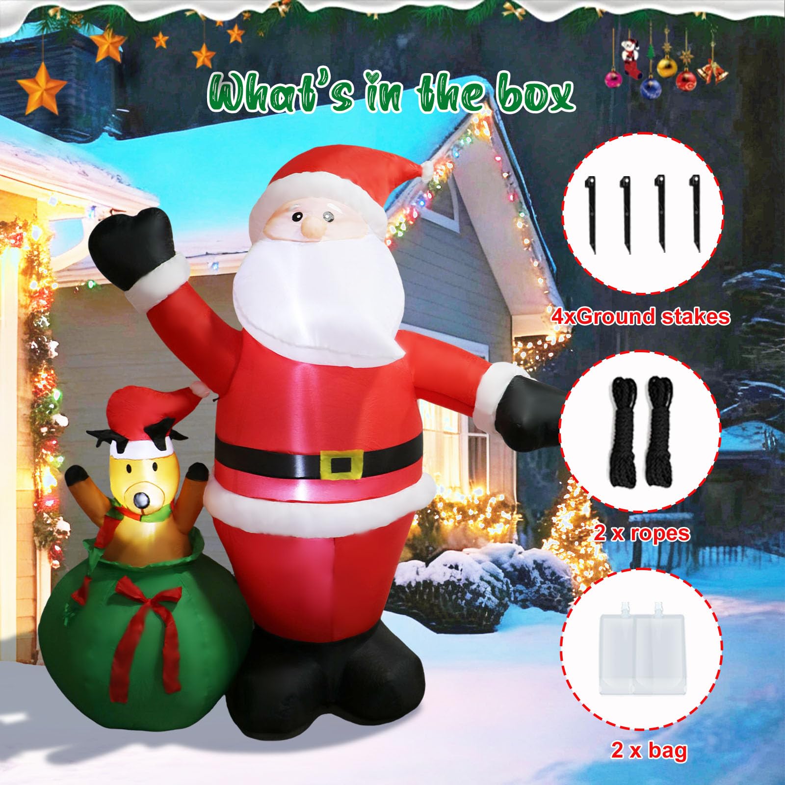 6 FT Christmas Inflatable Santa Claus+ Reindeer Peeking Out from Santas Sack- Lighted Blow Up Yard Decoration, Festive Outdoor H