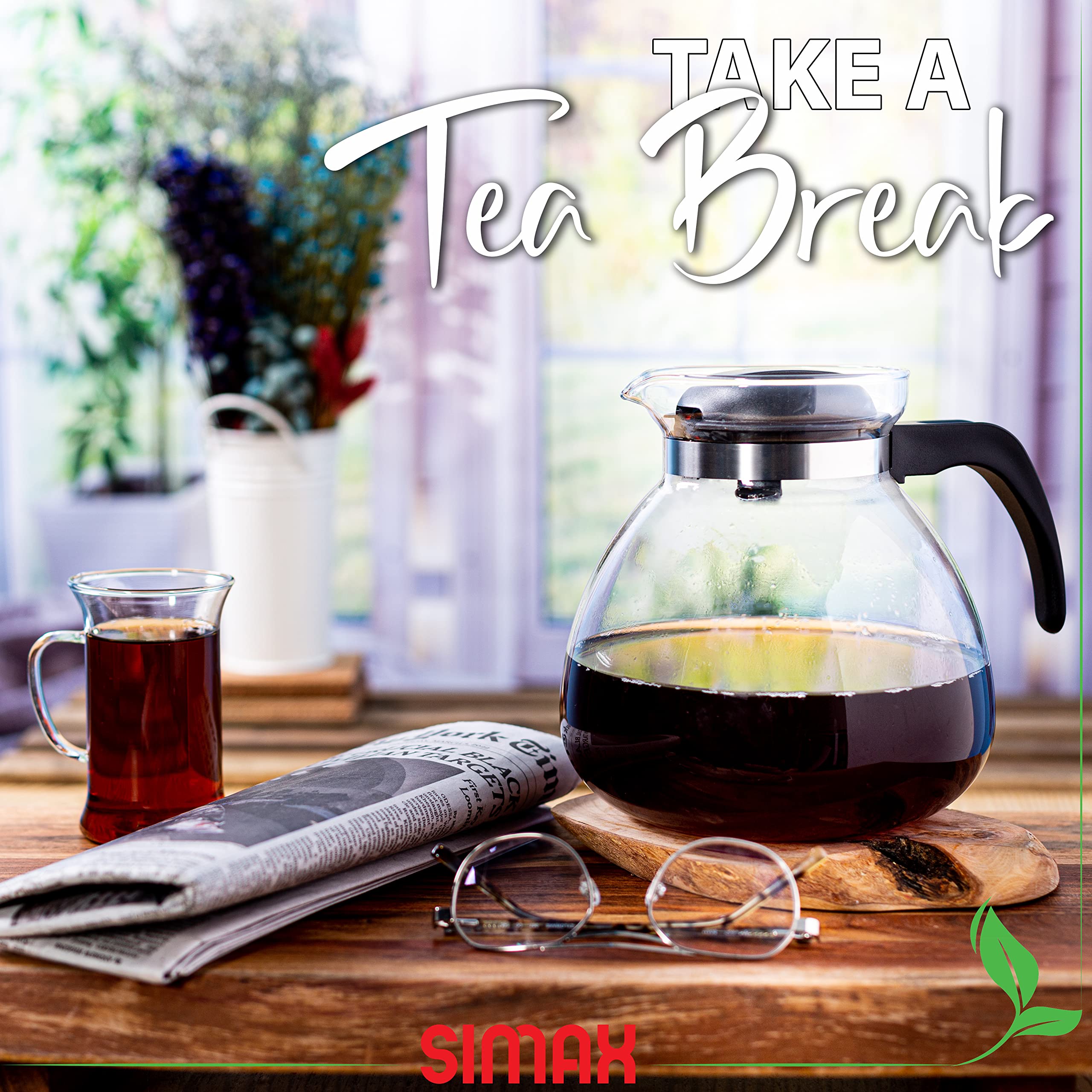 Simax Glassware 2.5 Quart Glass Teapot | Short Spout, Stay Cool Plastic Handle And Lid, Stovetop And Dishwasher Safe, Heat, Cold