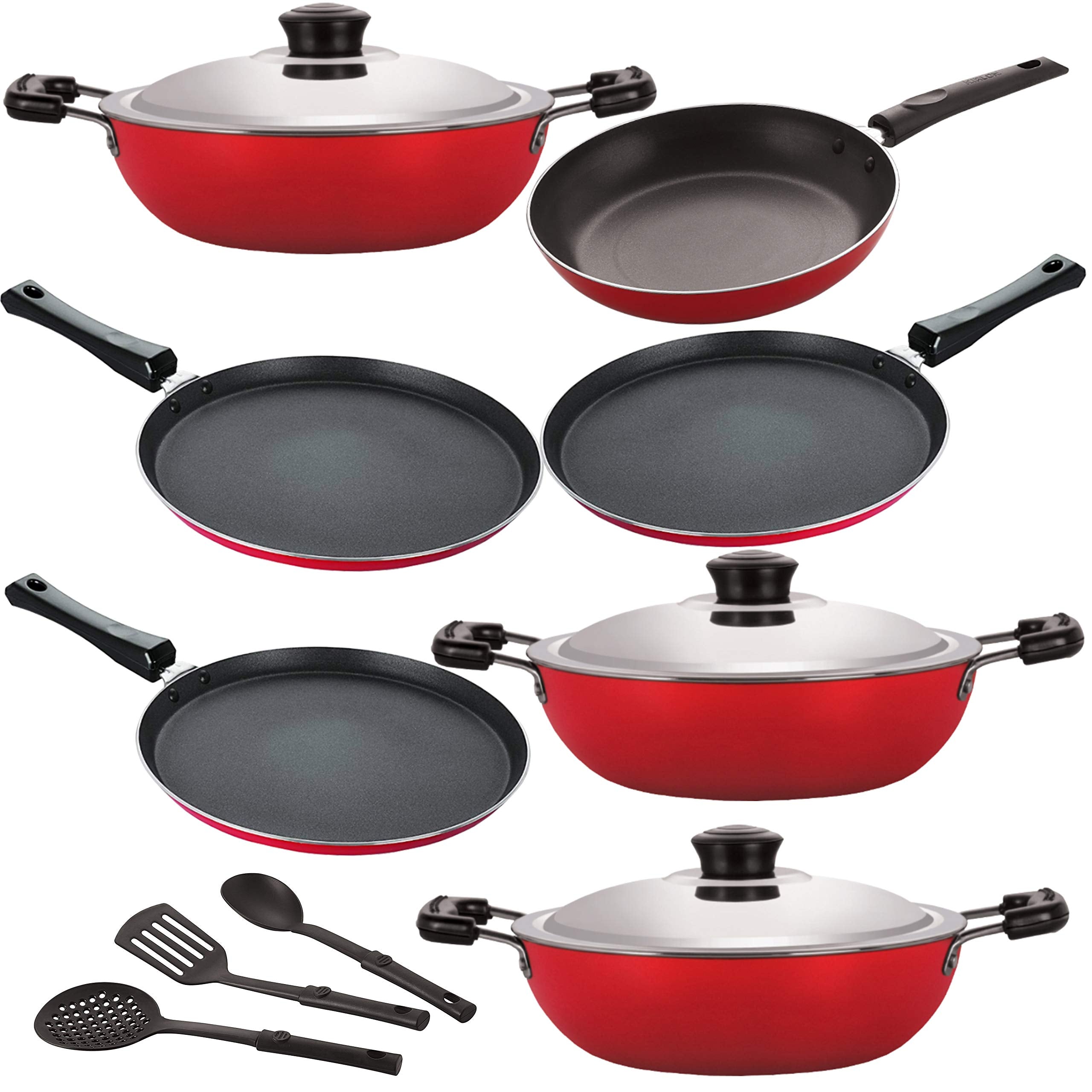 Nirlon Non Stick Cookware Pots & Pan Gift Set Of10 Pieces With Bakelite Handle (26Mm_Dkd(J)_Dkd(B)_Dkd(M)_Ft11_Ft12_Ft13_Tp24_3S