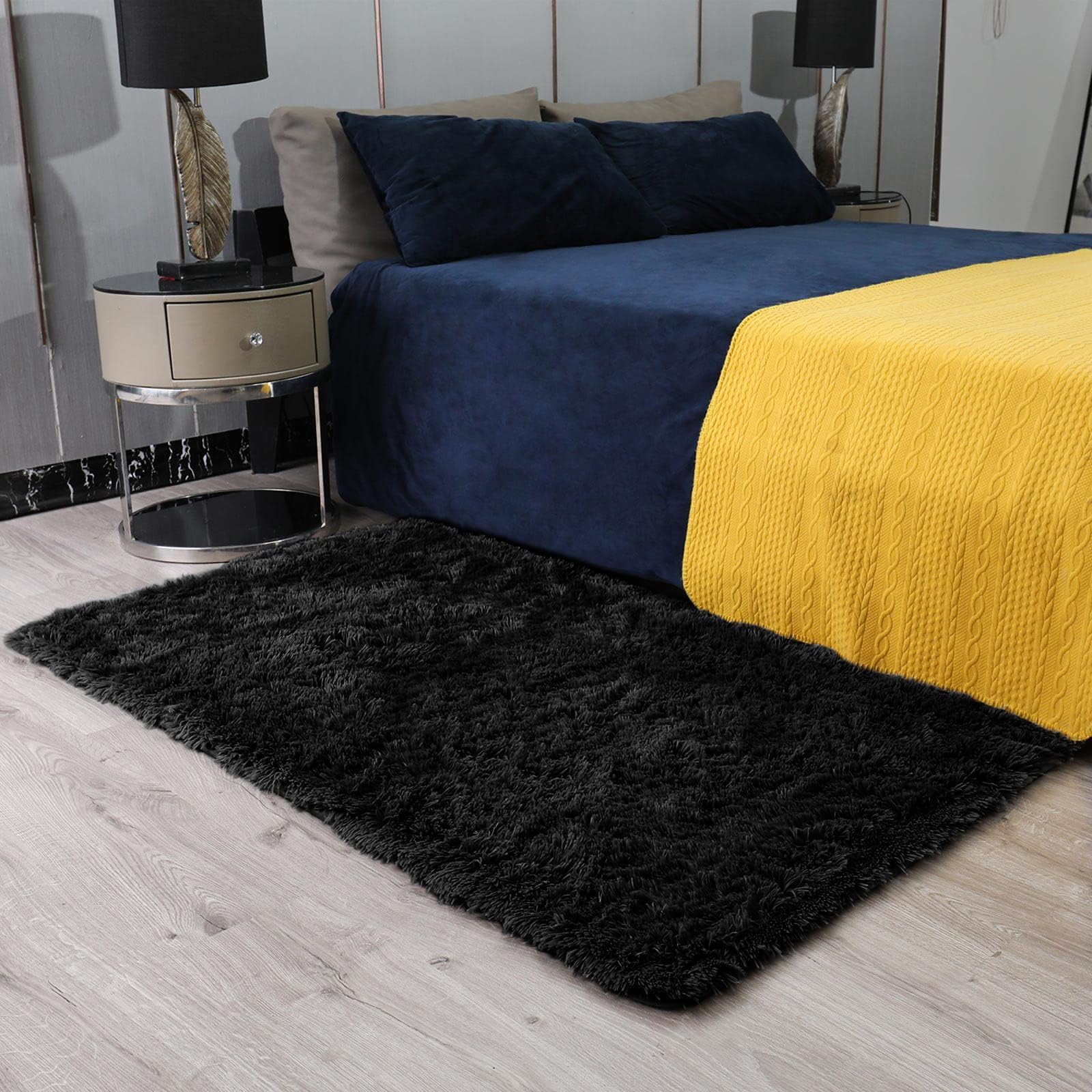 Ophanie 3x5 Black Rugs for College Dorm, Bedroom Small Area Rug, Non-Slip Fluffy Shaggy Bedside Soft Shag Fuzzy Plush Carpet for