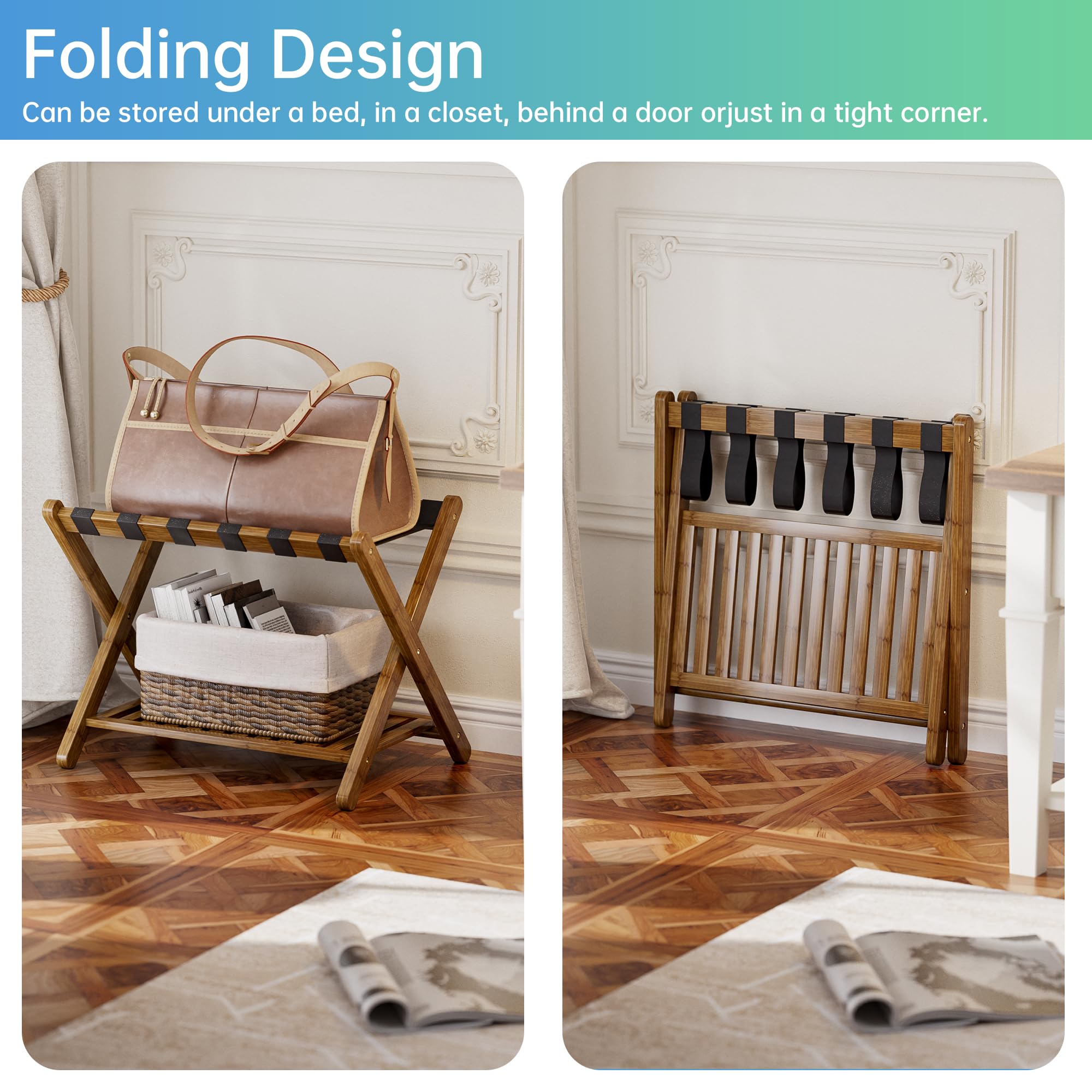 Smibuy Luggage Rack, Foldable Bamboo Suitcase Stand With Storage Shelf For Guest Room, Bedroom, Hotel, Heavy-Duty, 1 Pack (Walnu