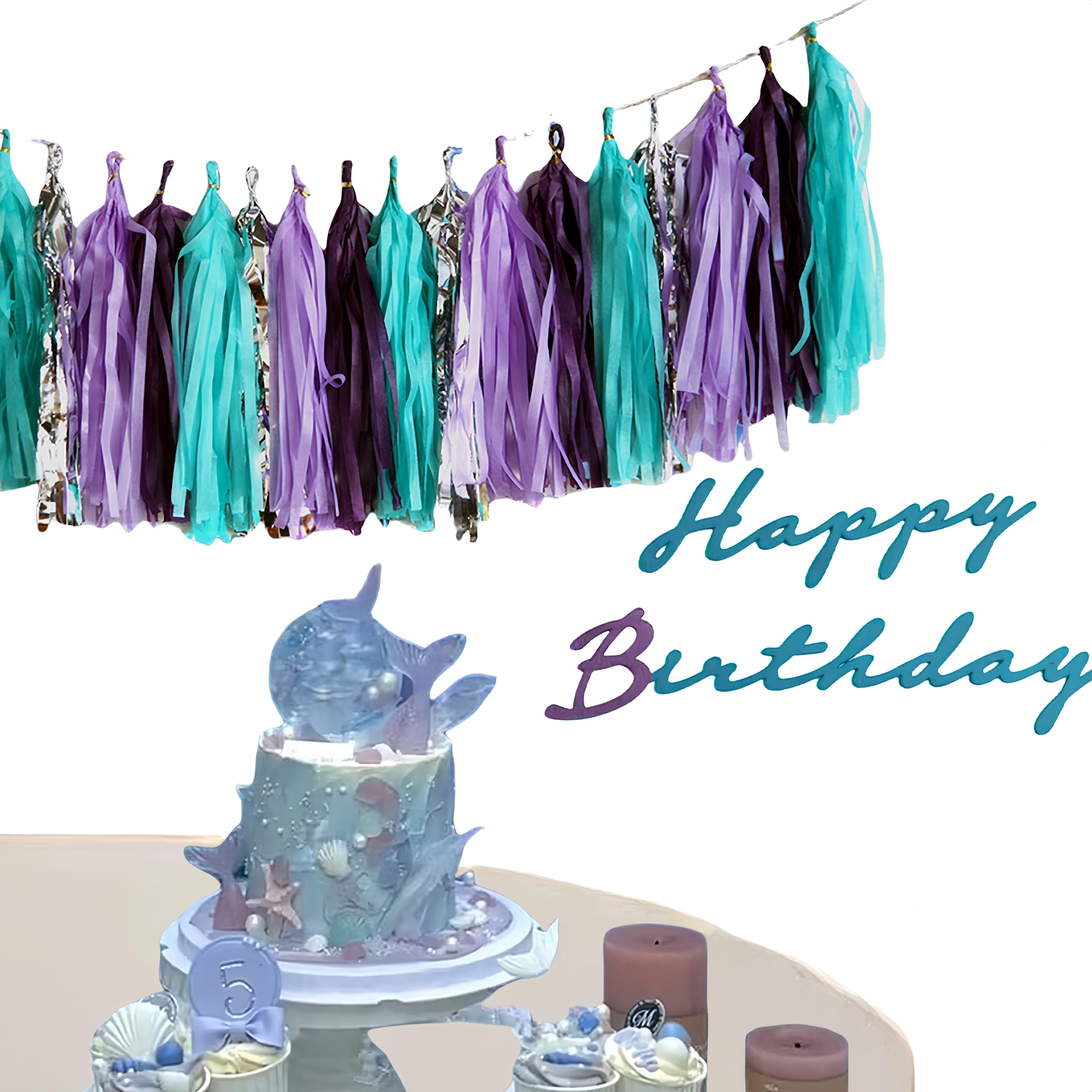 Teal Purple Lavender Silver Tissue Tassel Garland for Girl, Banner for Summer Theme Party Decorations,Pack of 20