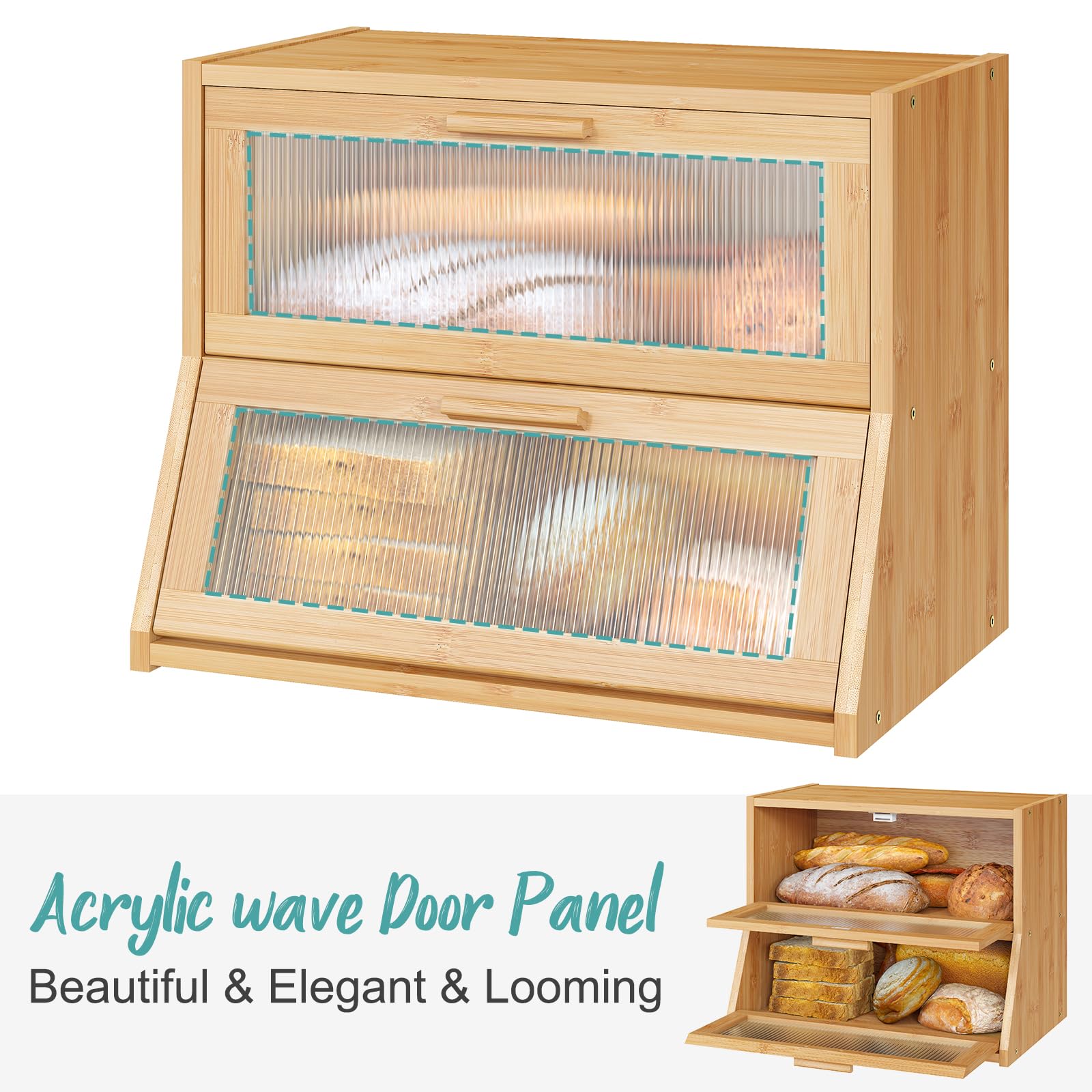 Vriccc Bread Box For Kitchen Counter, Large Bamboo Wooden Double Layer Large Capacity Bread Storage Bin With Acrylic Wavy Door P
