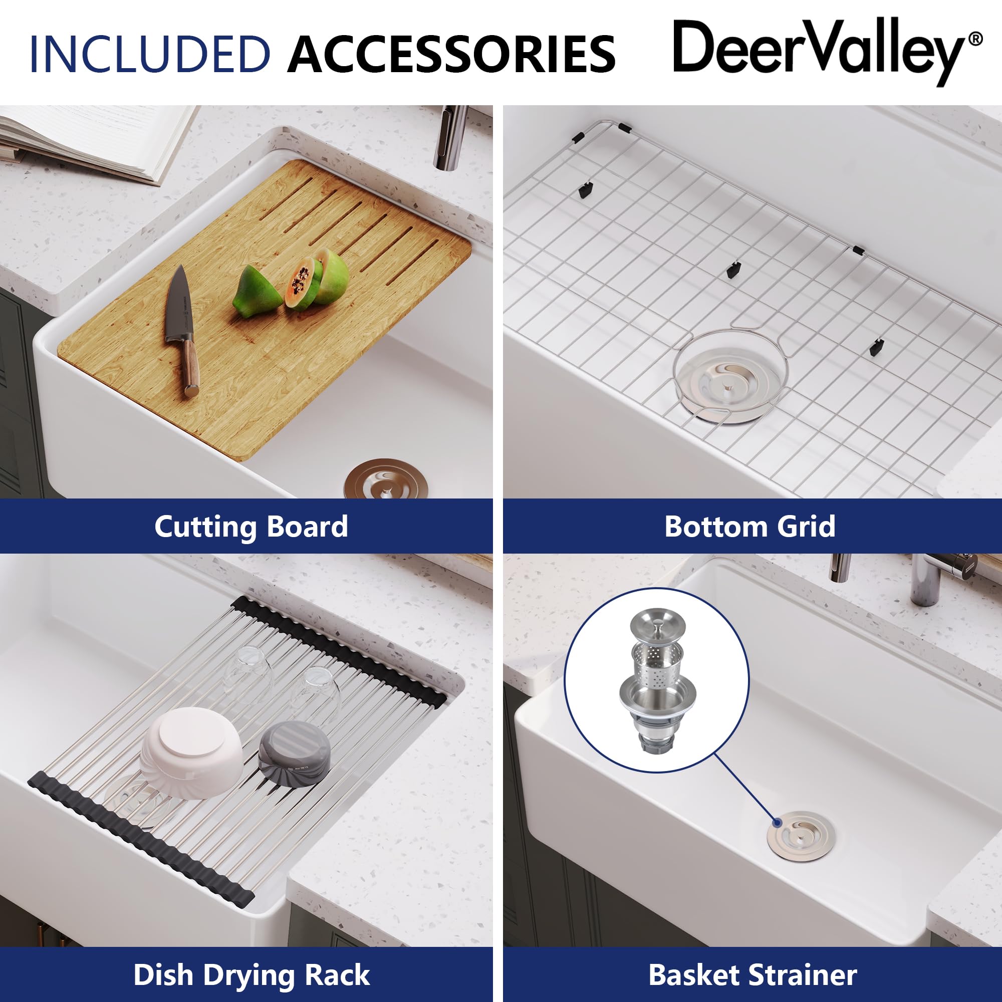 Deervalley 30 Inch Fireclay Farmhouse Kitchen Sink, White Farmhouse Sink, Single Bowl Undermount Kitchen Sink, Front Apron Sink,