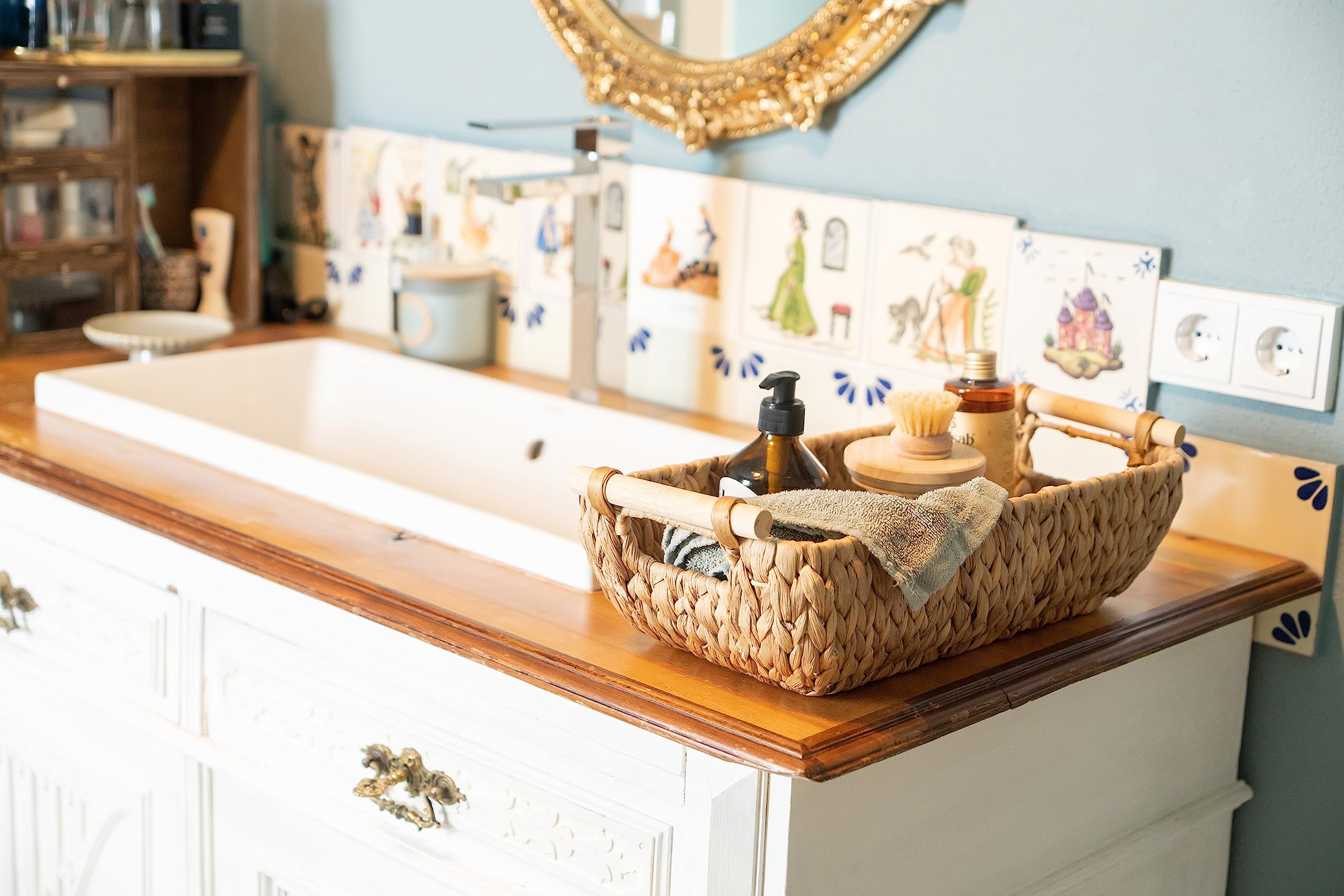 Decorasian Woven Water Hyacinth Bathroom Basket - Storage Basket For Toilet Paper Or Towels - Long And Narrow For Bathroom Stora