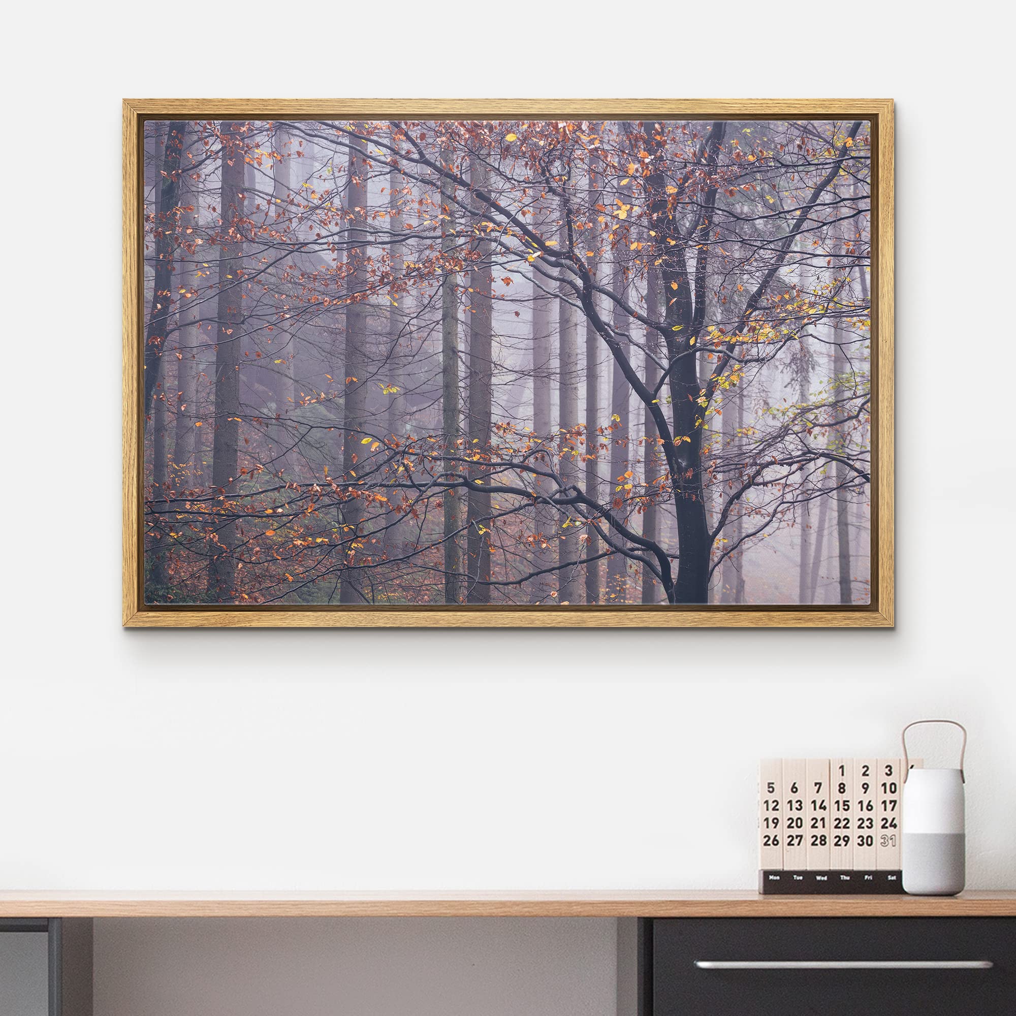 Wall26 Framed Canvas Print Wall Art Misty Autumn Forest & Trees With Yellow Leaves Nature Wilderness Photography Modern Art Rust