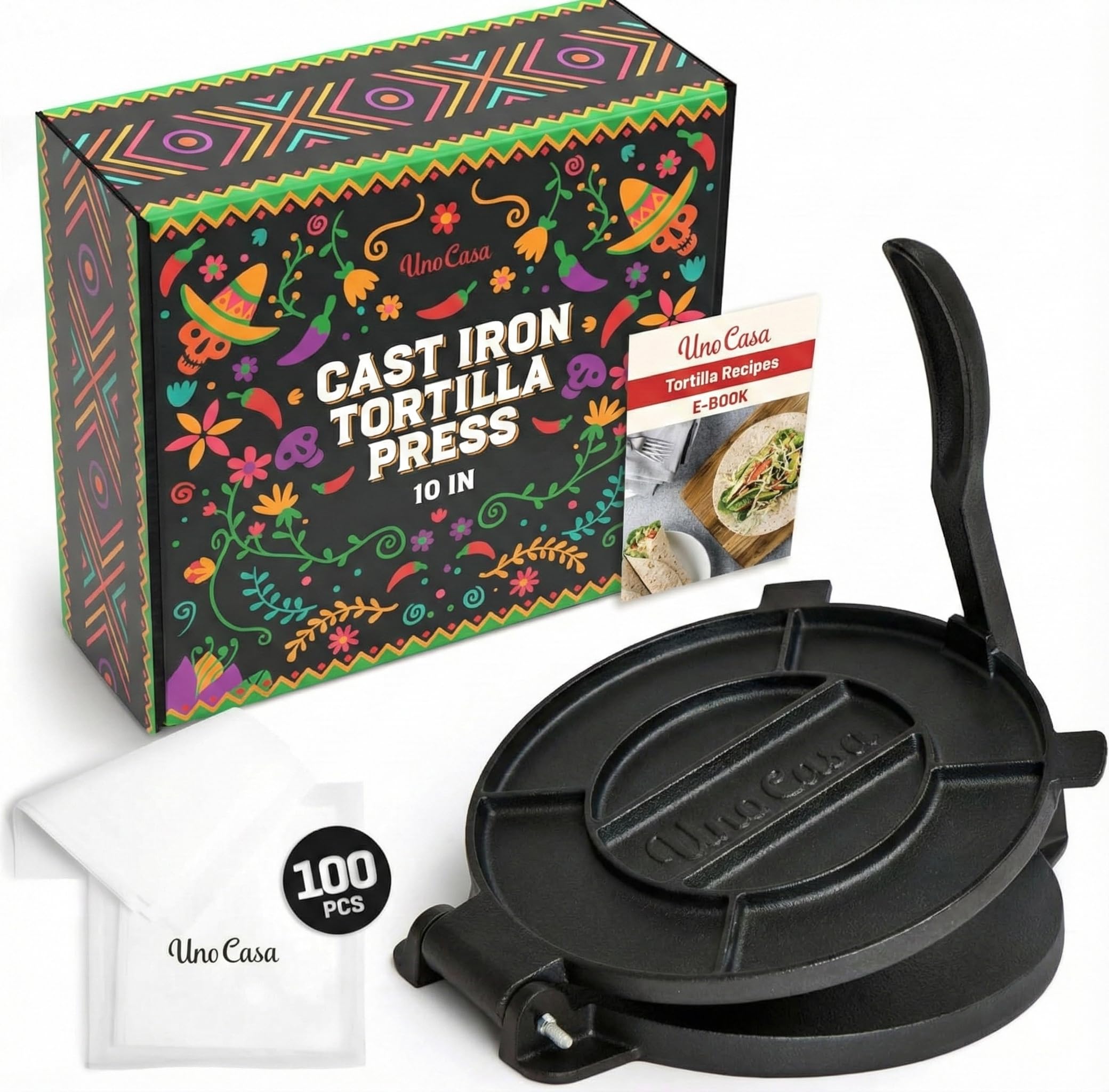 Uno Casa Cast Iron Tortilla Press 10 Inch - Tortilla Maker Press, Pre-Seasoned Roti Maker with 100 Pcs Parchment Paper - Heavy D