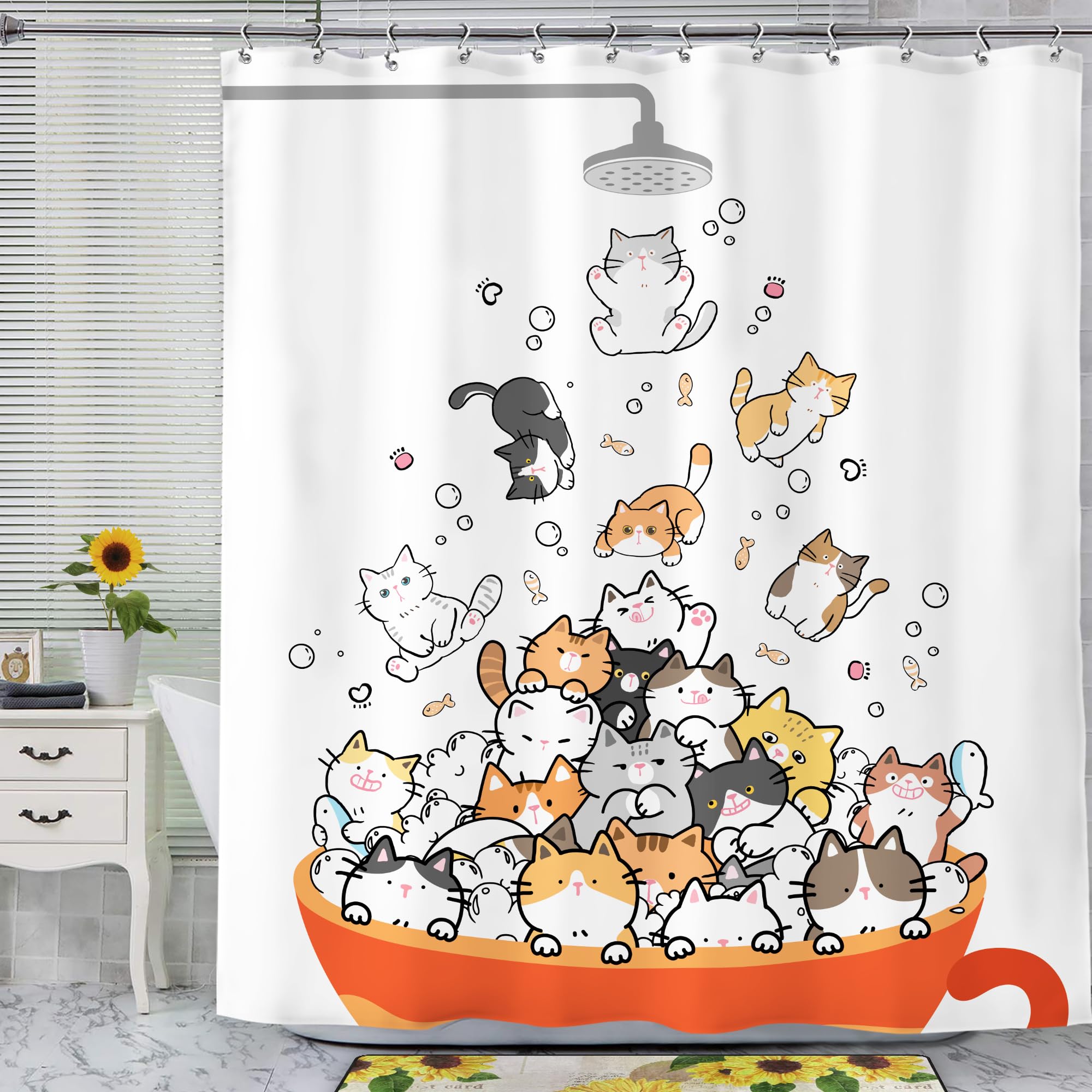 Svbright Cute Cats Shower Curtain 60Wx72L Inch Kids Cartoon Animal Funny Raining Hilarious Lovely Pets Playing Water Kawaii Girl