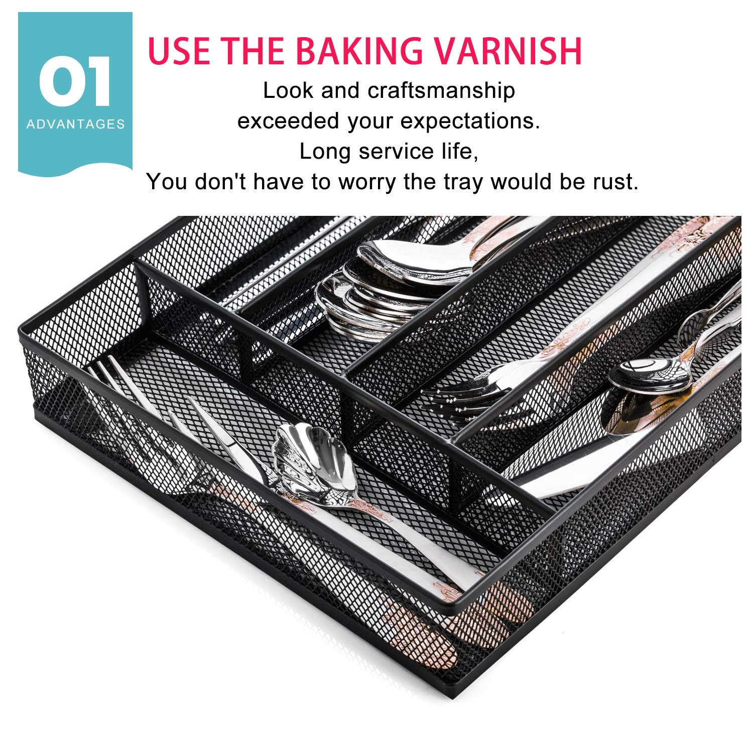 Jane Eyre Utensil Drawer Organizer, Cutlery Tray Silverware Flatware Storage Divider For Kitchen, Mesh Wire With Non-Slip Foam F