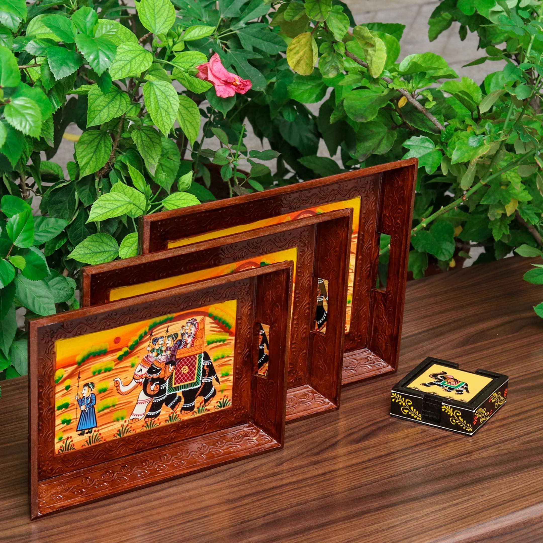 Swadeshi Blessings Wooden Serving Tray Set- Handcrafted & Hand-Painted For Kitchen/Table & Home Decor/Dinning/Gifts/Restaurants/