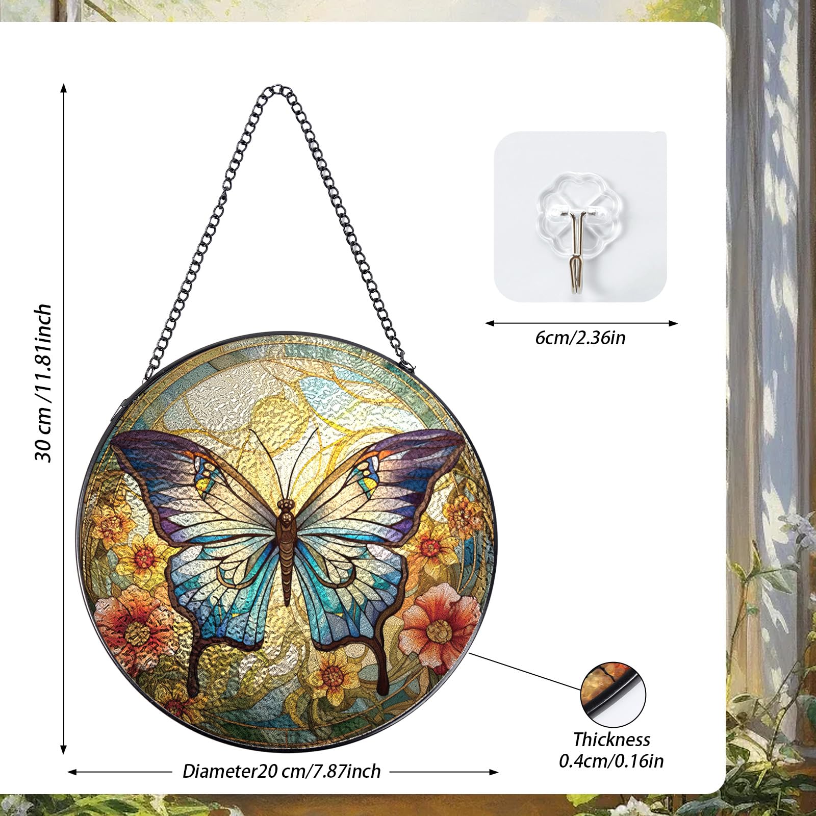 Rngmsi Butterfly Stained Glass Window Hanging Decor, 7.8 Sun Catchers Stain Glass Window Hanging Indoor