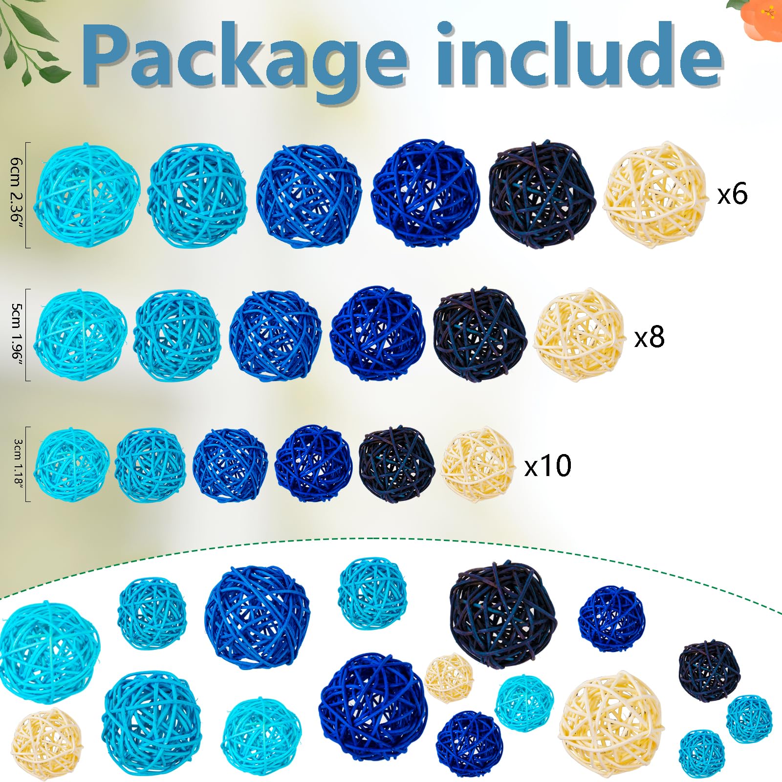 GuassLee Decorative Balls for Bowls Centerpiece, 24Pcs Blue Wicker Rattan Balls Vase Fillers Potpourri Bowl Filler for Home Bath
