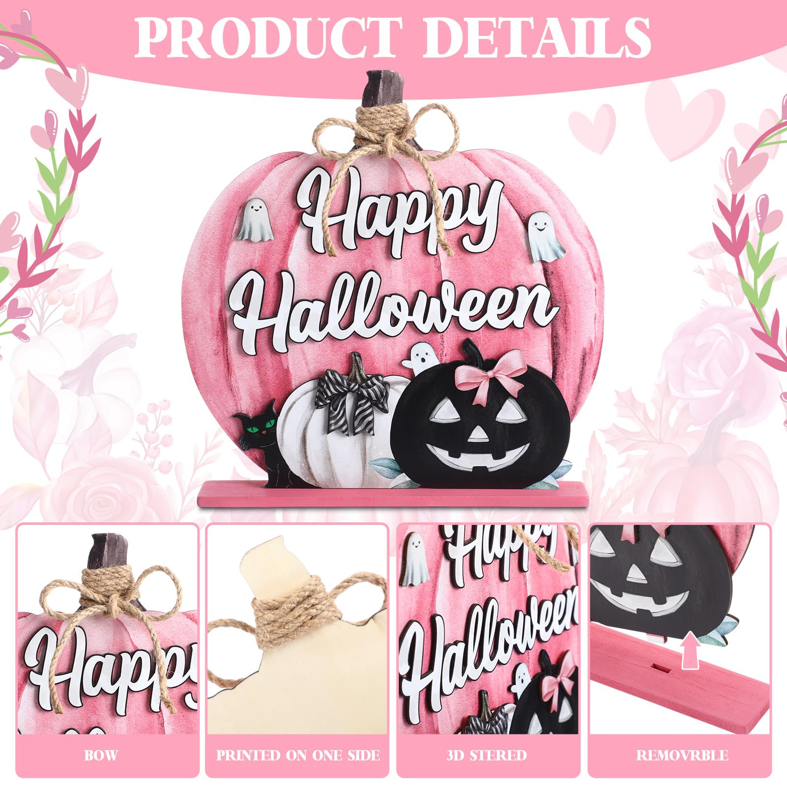 Soaoo Halloween Decoration Wooden Pink Pumpkin Sign Scary Pumpkin Table Decor 11 Inch Wooden Happy Halloween Desktop Ornament fo
