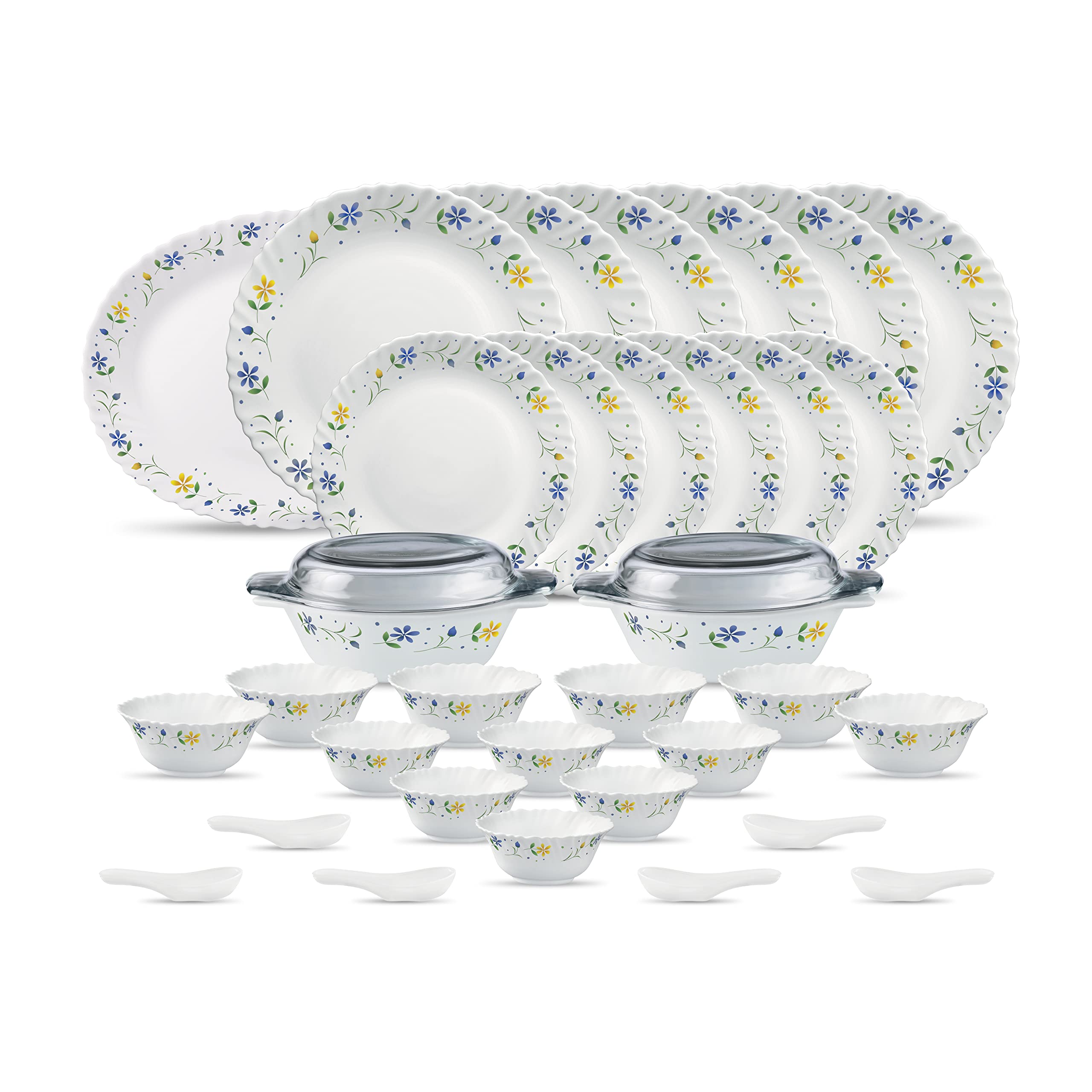 La Opala Diva Classique Collection Opal Glass Crockery | For Family Of 6 | Dinner Set 35 Pcs Twilight Bouquet | Plates & Bowls F